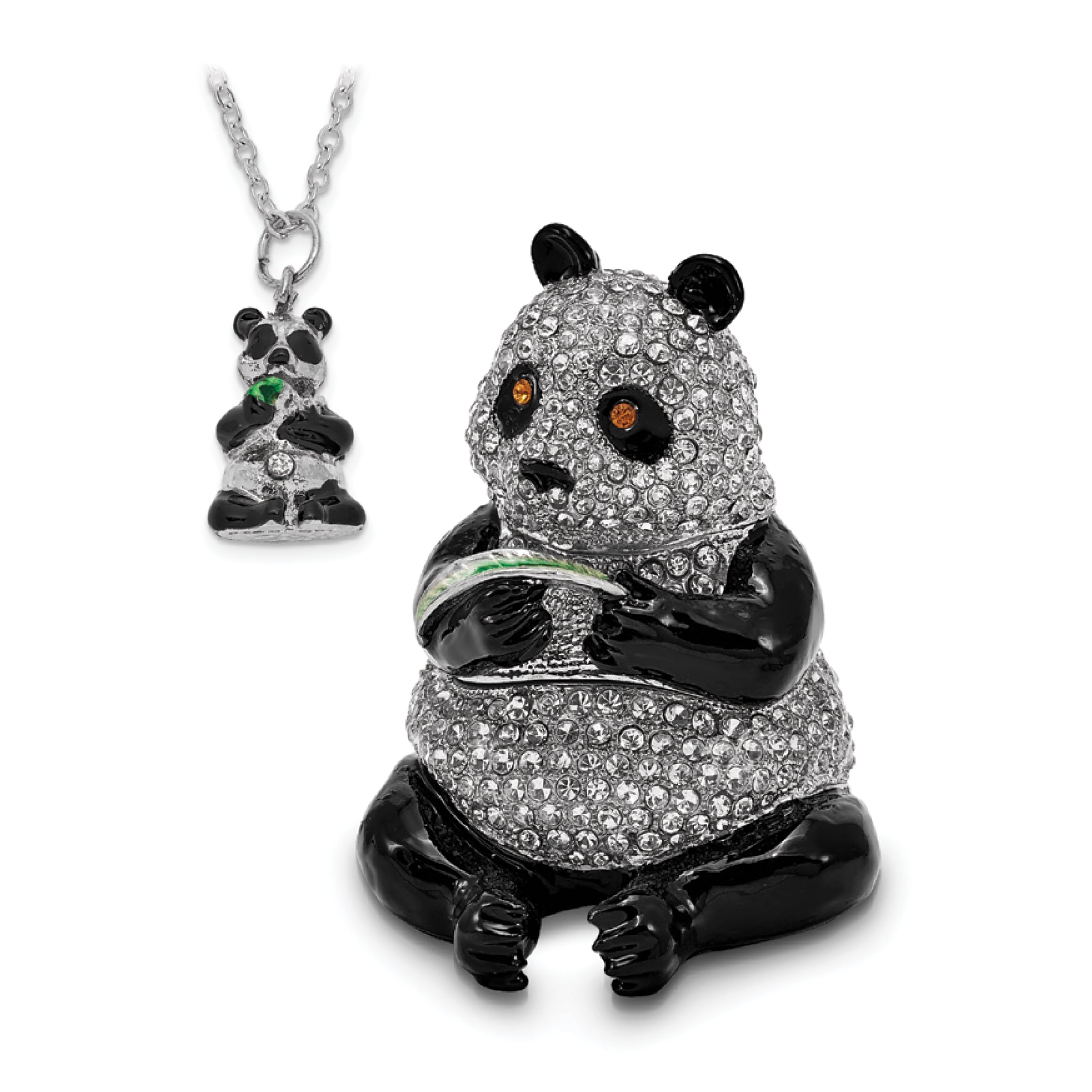 Luxury Giftware Pewter Bejeweled Crystals Silver-tone Enameled LING LING Panda Bear With Leaf Trinket Box with Matching 18 Inch Necklace