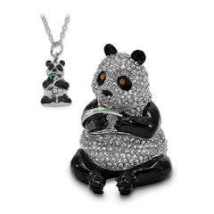 Luxury Giftware Pewter Bejeweled Crystals Silver-tone Enameled LING LING Panda Bear With Leaf Trinket Box with Matching 18 Inch Necklace