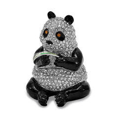Luxury Giftware Pewter Bejeweled Crystals Silver-tone Enameled LING LING Panda Bear With Leaf Trinket Box with Matching 18 Inch Necklace
