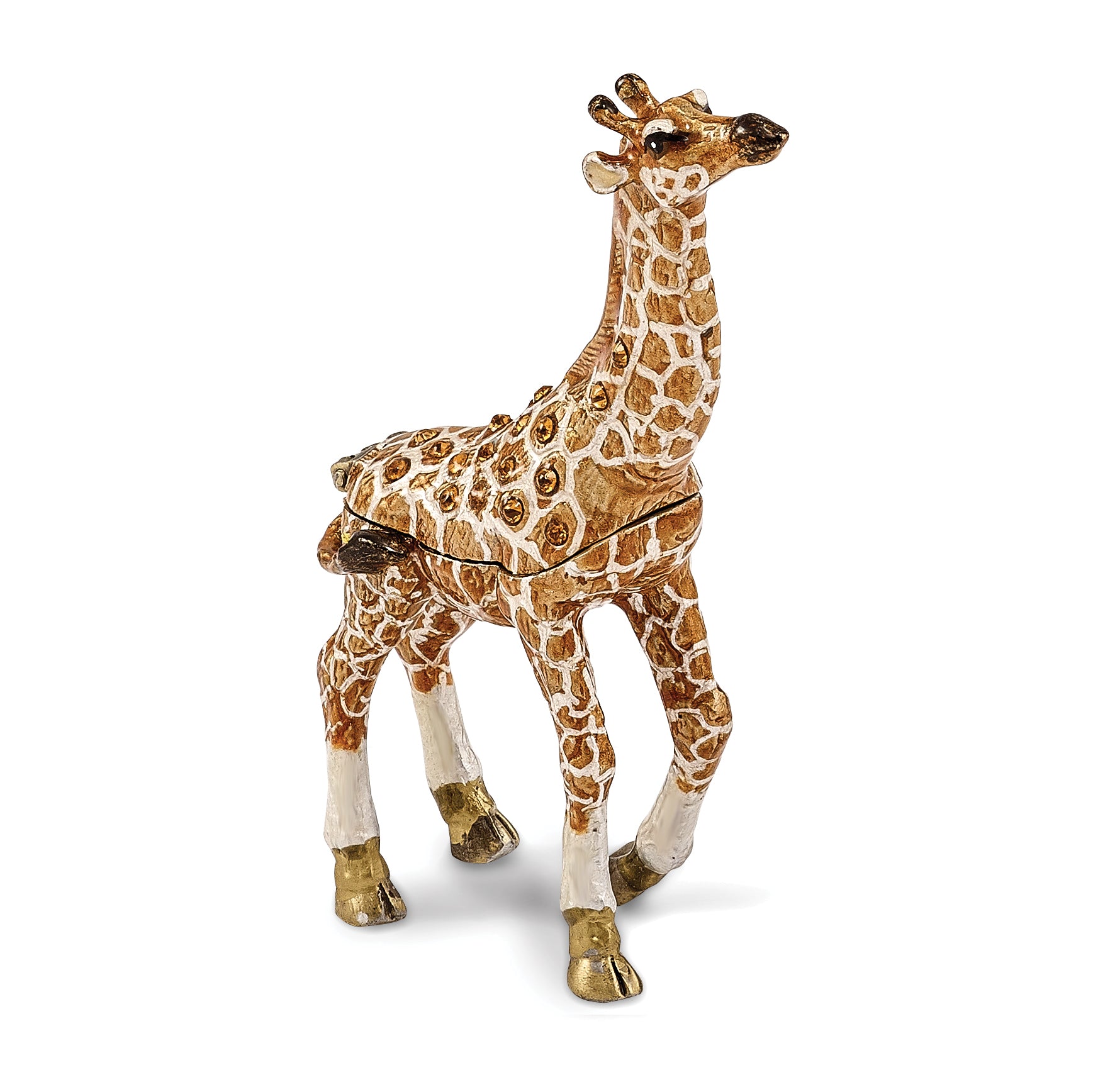 Luxury Giftware by Jere Pewter Bejeweled Crystals Gold-tone Enameled GINA & GEORGIE Mother & Baby Giraffes Trinket Box with Matching 18 Inch Necklace