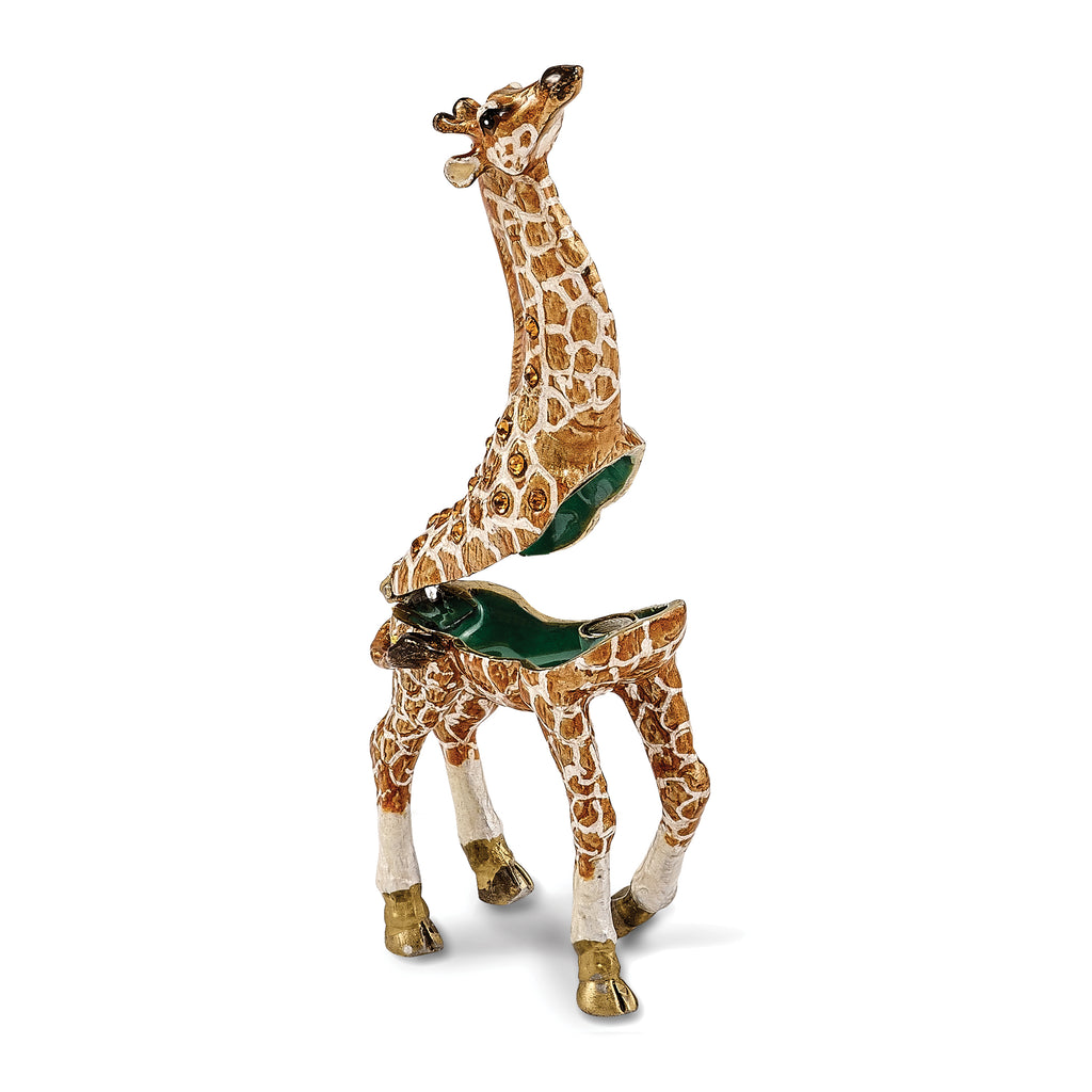 Luxury Giftware by Jere Pewter Bejeweled Crystals Gold-tone Enameled GINA & GEORGIE Mother & Baby Giraffes Trinket Box with Matching 18 Inch Necklace