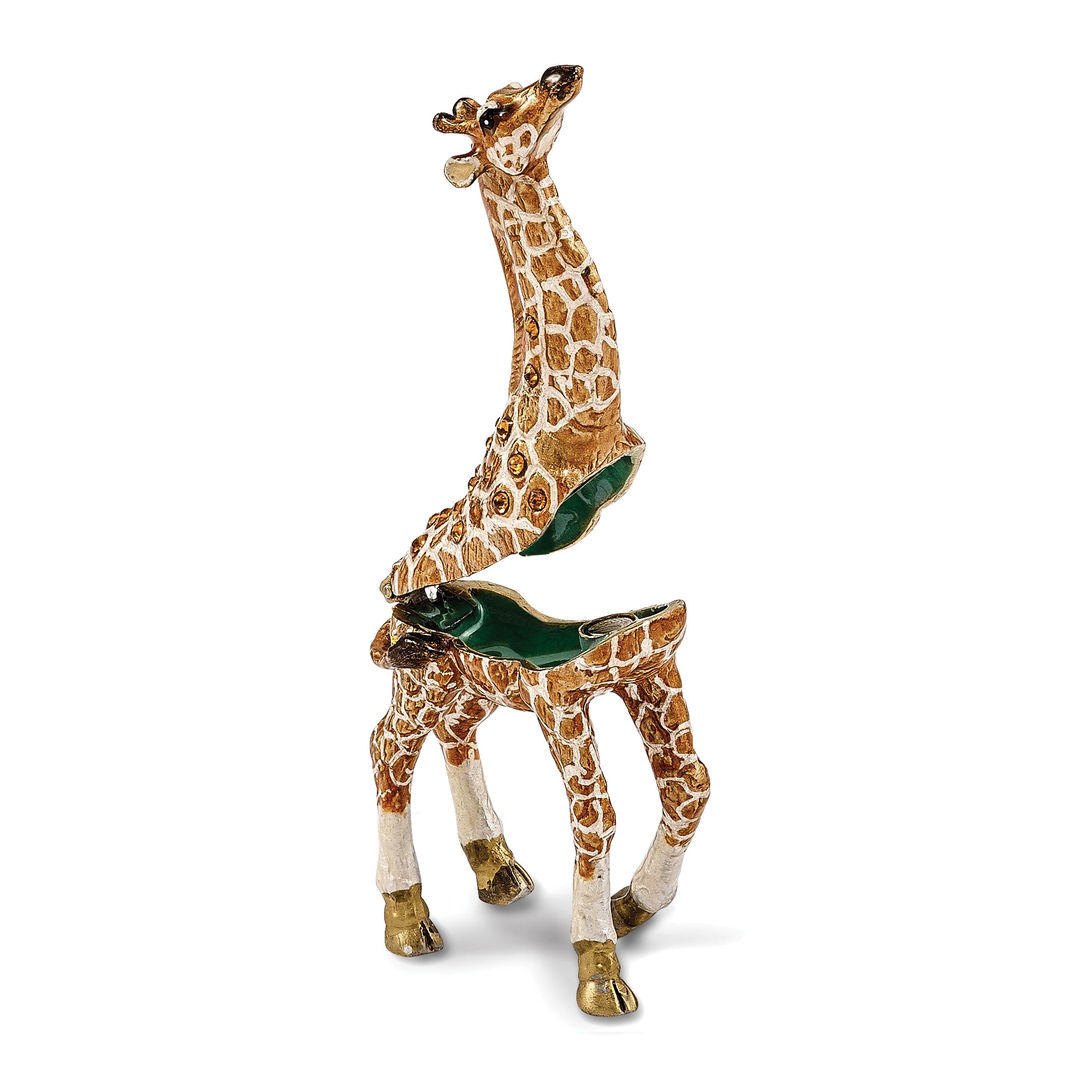Luxury Giftware by Jere Pewter Bejeweled Crystals Gold-tone Enameled GINA & GEORGIE Mother & Baby Giraffes Trinket Box with Matching 18 Inch Necklace