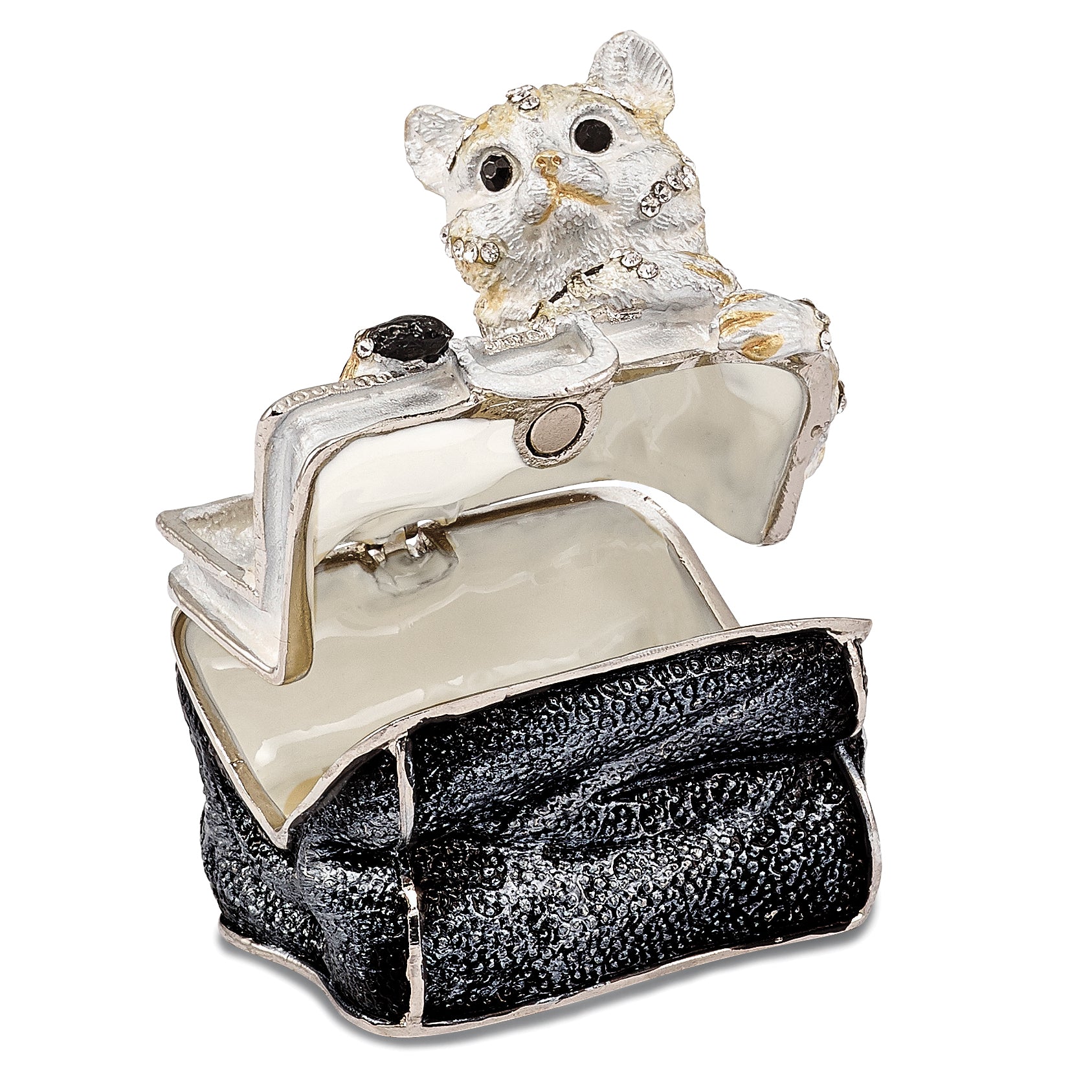 Luxury Giftware by Jere Pewter Bejeweled Crystals Silver-tone Enameled MISS KITTY Cat in Purse Trinket Box with Matching 18 Inch Necklace Secondary image