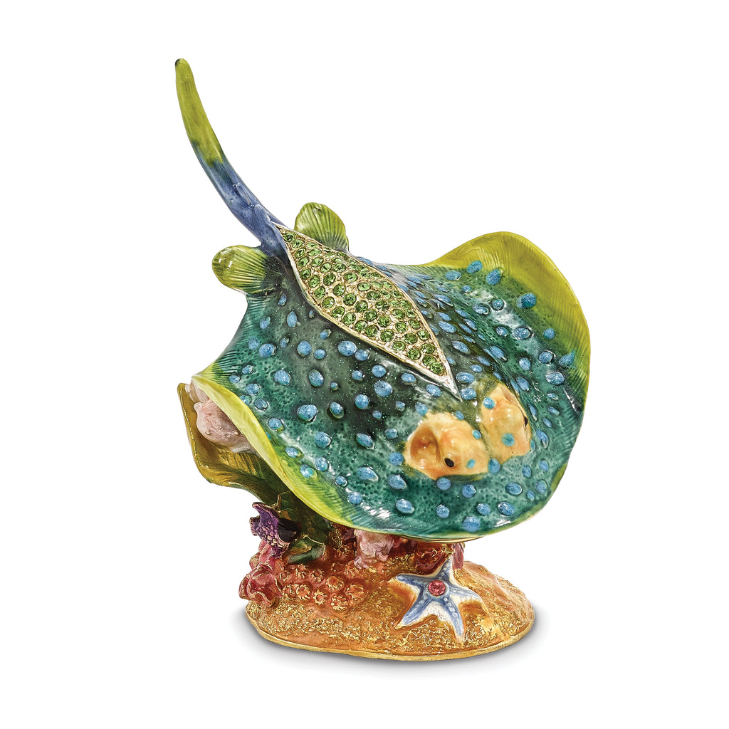 Luxury Giftware by Jere Pewter Bejeweled Crystals Gold-tone Enameled BARBY Stingray Trinket Box with Matching 18 Inch Necklace
