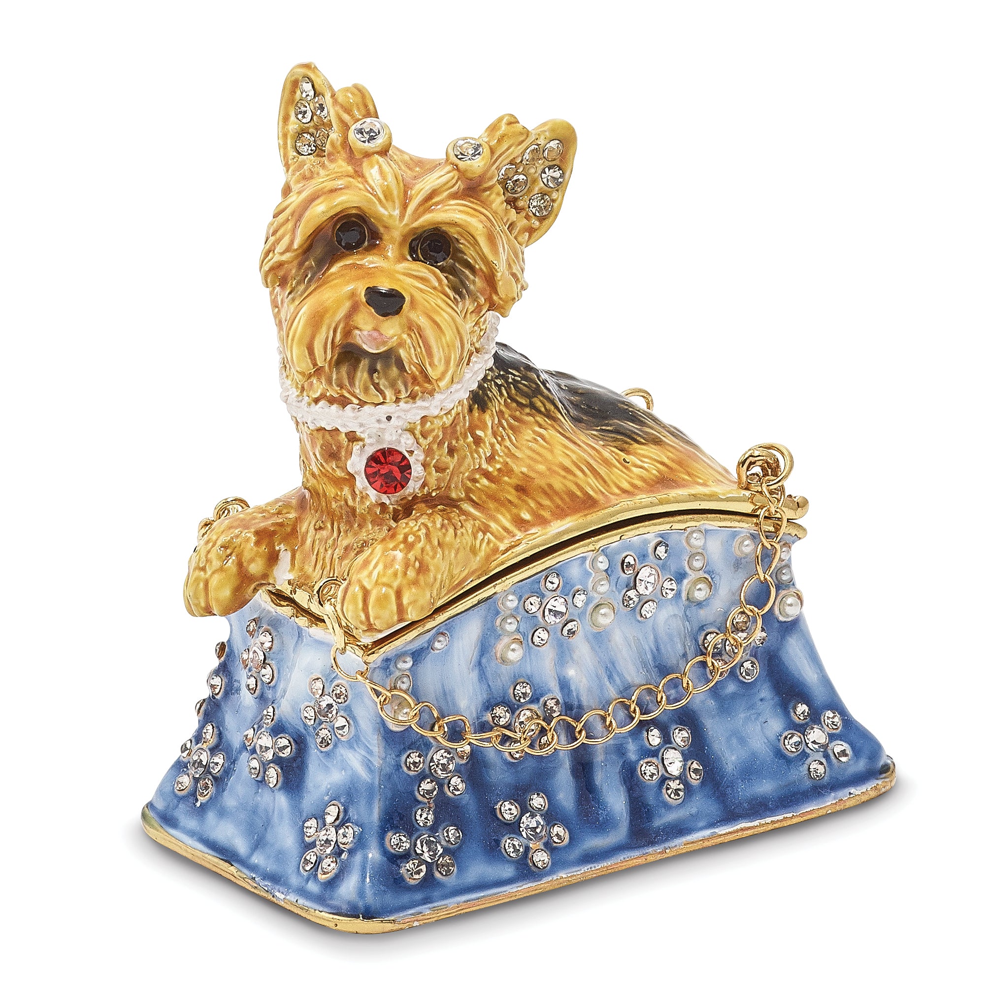 Luxury Giftware Pewter Bejeweled Crystals Gold-tone Enameled TWINKLES Yorkshire Terrier in Tote Trinket Box with Matching 18 Inch Necklace Main image