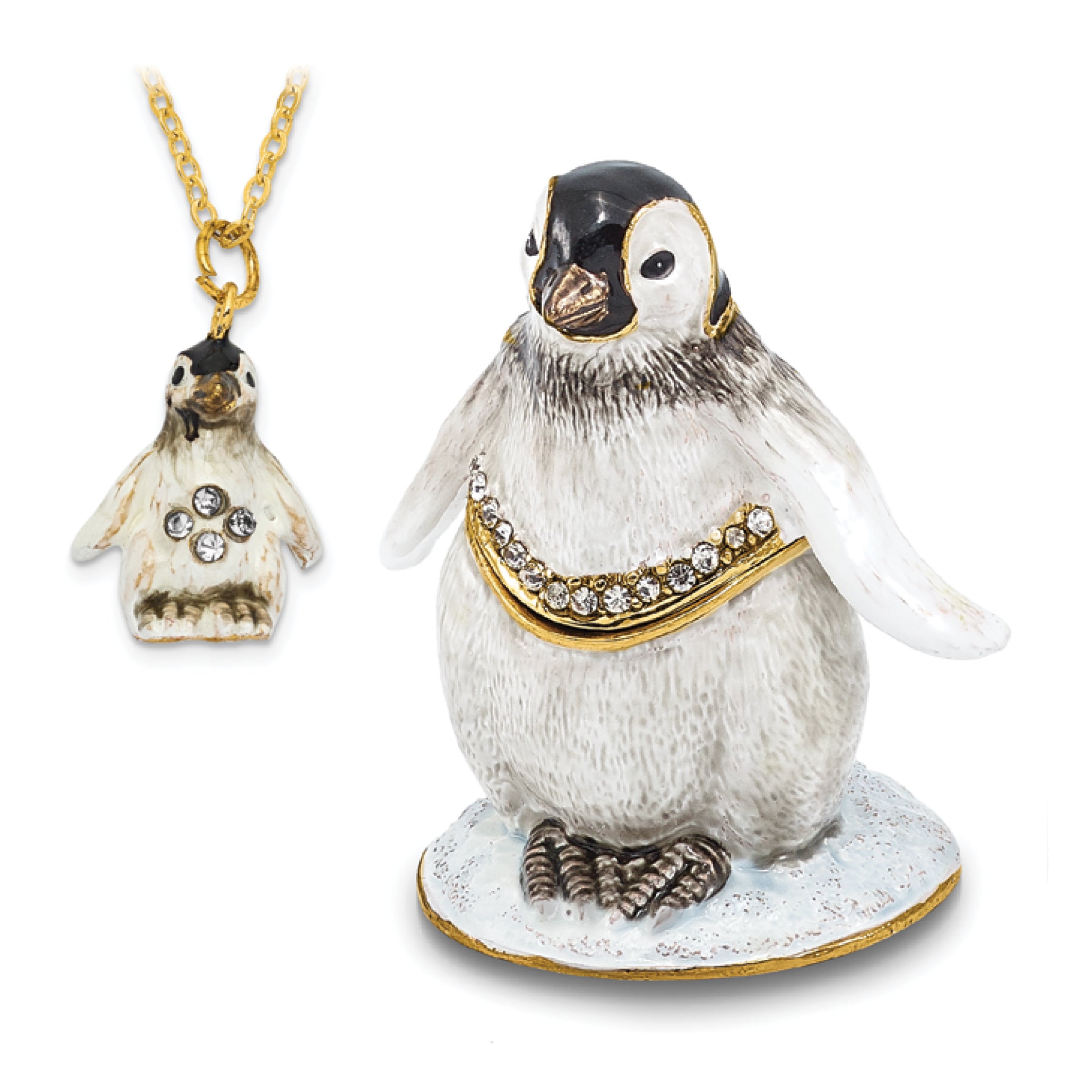 Luxury Giftware by Jere Pewter Bejeweled Crystals Gold-tone Enameled PEEPS Baby Penguin Trinket Box with Matching 18 Inch Necklace