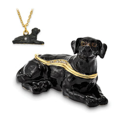 Luxury Giftware by Jere Pewter Bejeweled Crystals Gold-tone Enameled KOOP Black Labrador Retriever Trinket Box with Matching 18 Inch Necklace