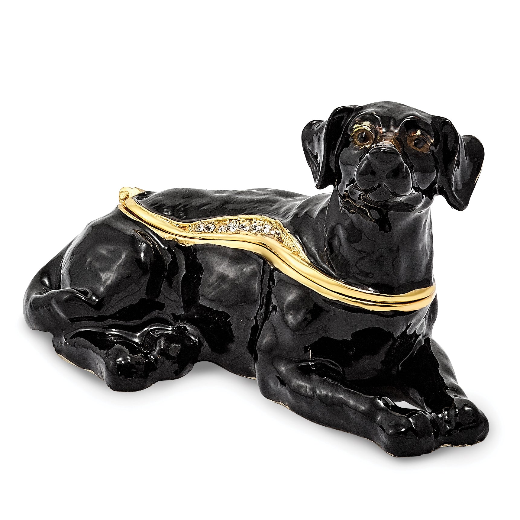 Luxury Giftware by Jere Pewter Bejeweled Crystals Gold-tone Enameled KOOP Black Labrador Retriever Trinket Box with Matching 18 Inch Necklace