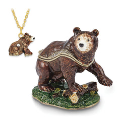 Luxury Giftware by Jere Bejeweled CODY Kodiak Bear with Log Trinket Box with Matching 18 inch Necklace
