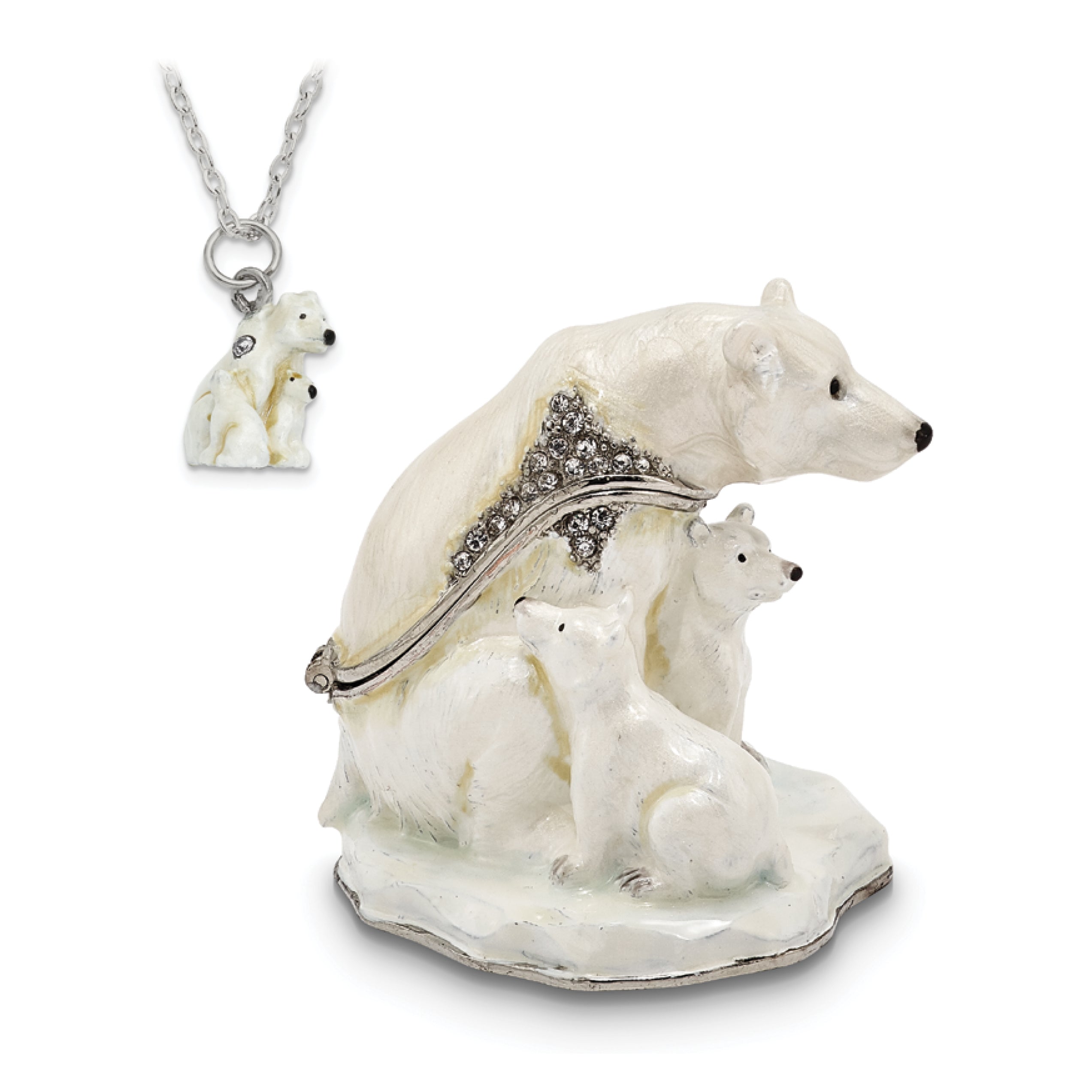 Luxury Giftware by Jere Pewter Bejeweled Crystals Silver-tone Enameled MAMA BEAR With AVA & ASHER Polar Bears Trinket Box with Matching 18 Inch Necklace