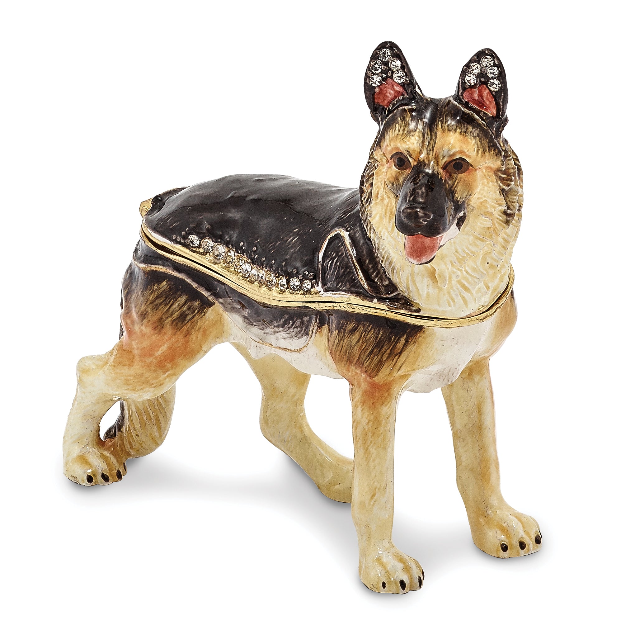 Luxury Giftware by Jere Pewter Bejeweled Crystals Gold-tone Enameled ZEUS German Shepherd Trinket Box with Matching 18 Inch Necklace Main image