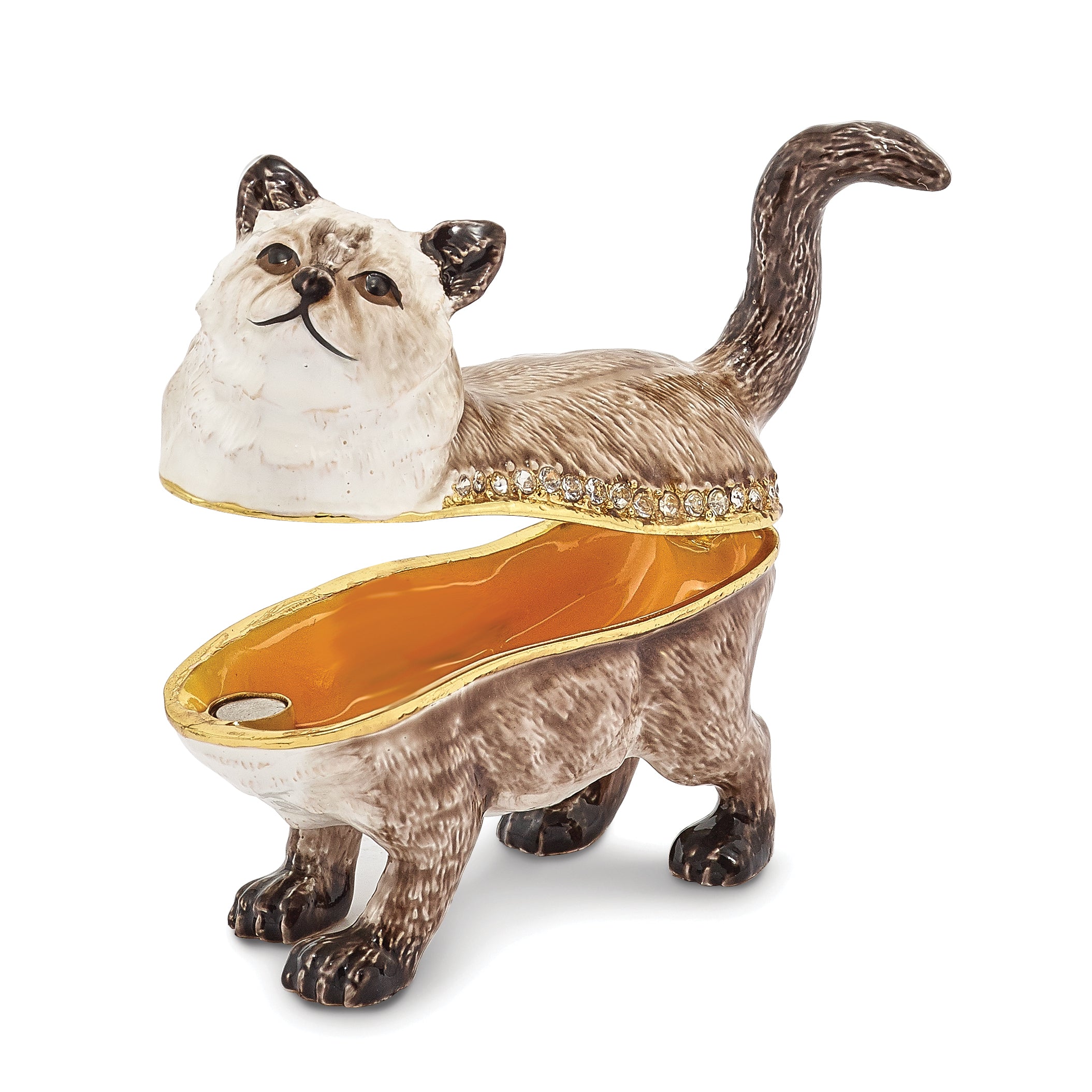 Luxury Giftware by Jere Pewter Bejeweled Crystals Gold-tone Enameled LAYSA Himalayan Cat Trinket Box with Matching 18 Inch Necklace