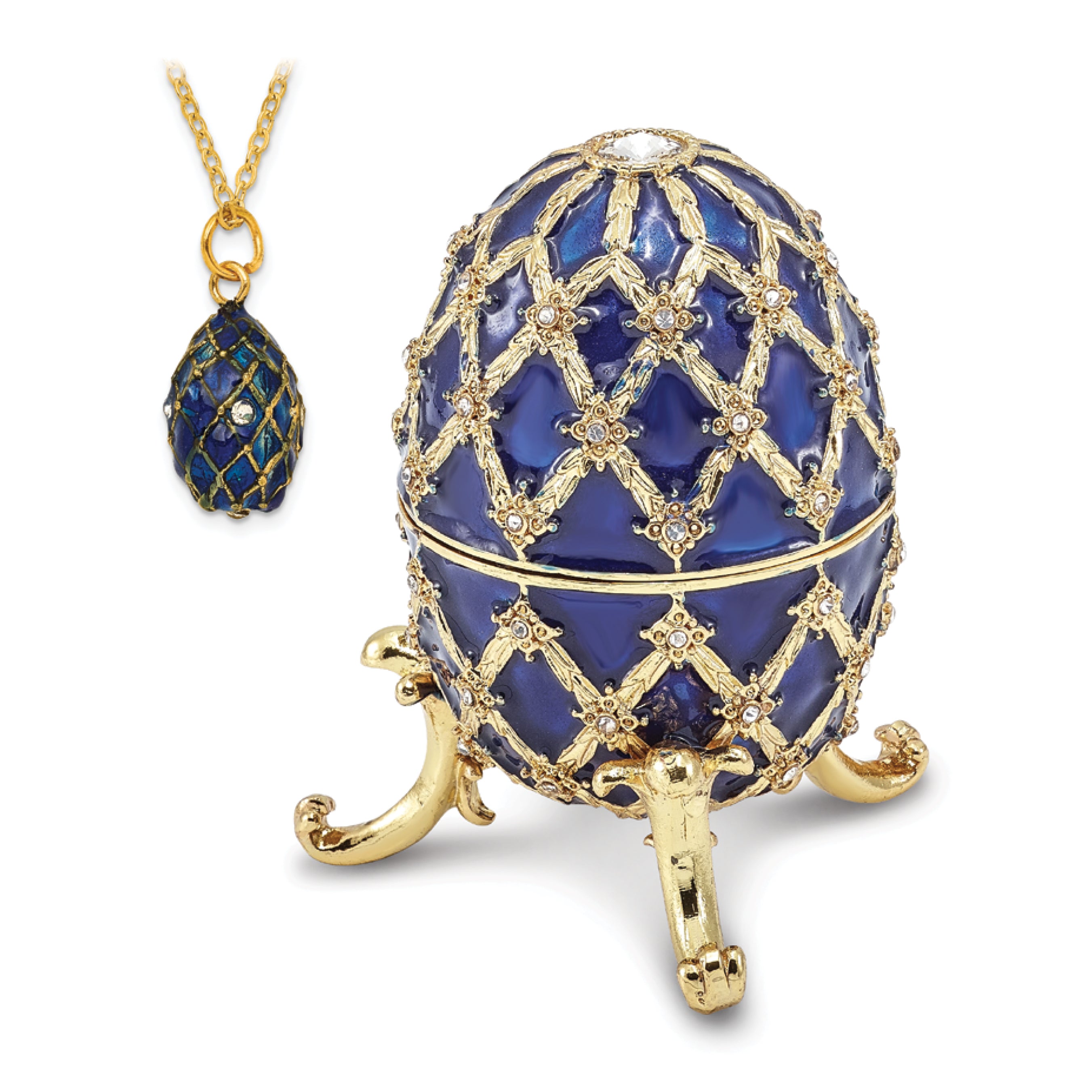 Luxury Giftware by Jere Pewter Bejeweled Crystals Gold-tone Enameled GRAND ROYAL BLUE (Plays Unchained Melody) Musical Egg with Matching 18 Inch Necklace