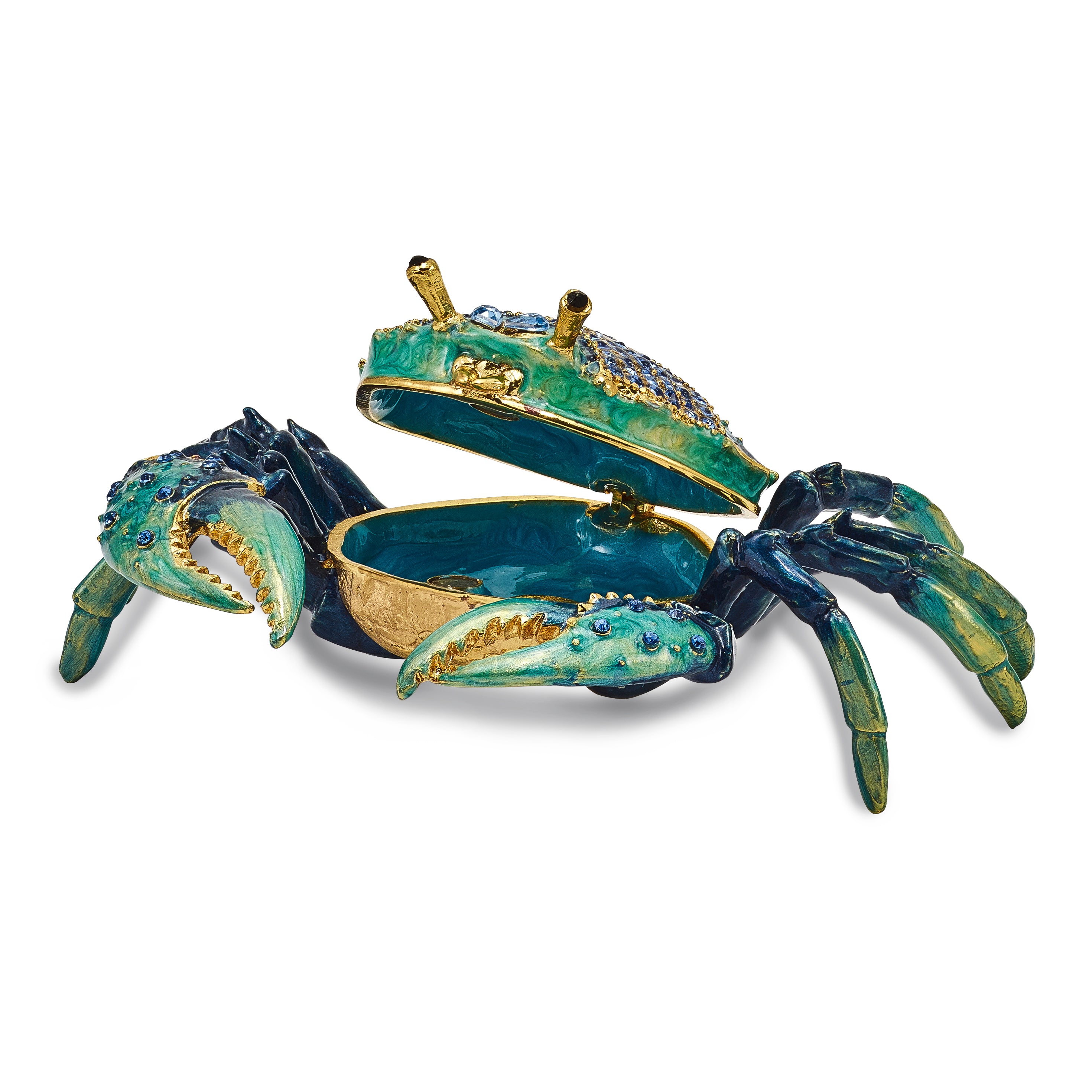 Luxury Giftware by Jere Pewter Bejeweled Crystals Gold-tone Enameled CHESAPEAKE Blue Crab Trinket Box with Matching 18 Inch Necklace