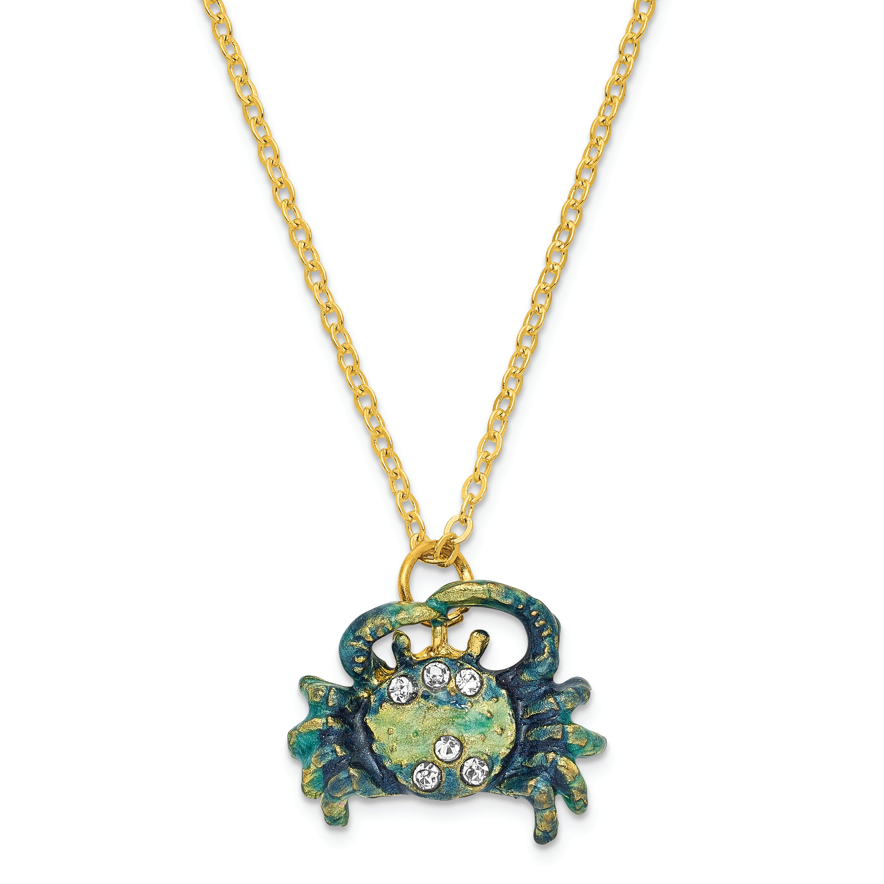Luxury Giftware by Jere Pewter Bejeweled Crystals Gold-tone Enameled CHESAPEAKE Blue Crab Trinket Box with Matching 18 Inch Necklace