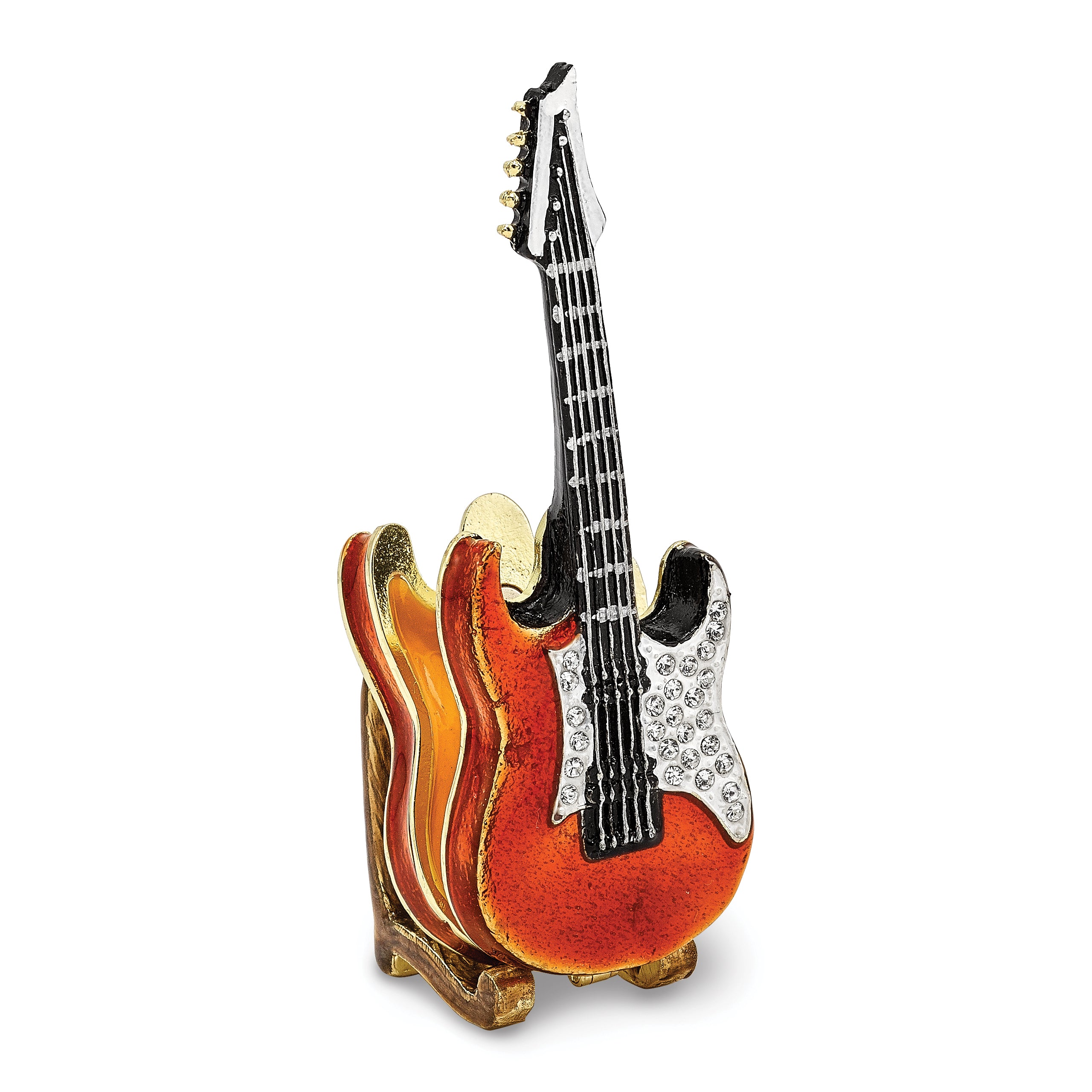 Luxury Giftware by Jere Pewter Bejeweled Crystals Gold-tone Enameled STRUMMIN' TUNES Red Guitar Trinket Box with Matching 18 Inch Necklace