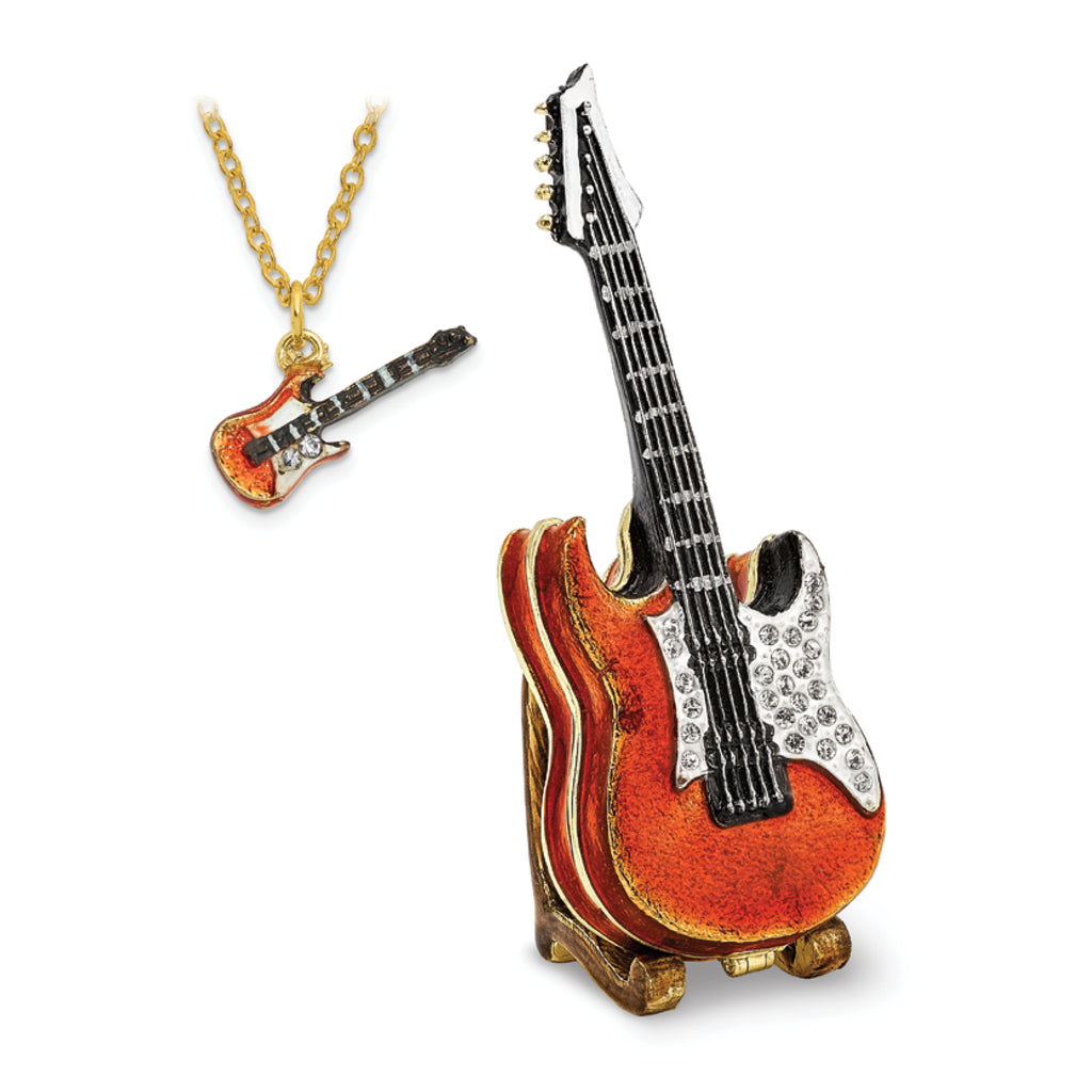 Luxury Giftware by Jere Pewter Bejeweled Crystals Gold-tone Enameled STRUMMIN' TUNES Red Guitar Trinket Box with Matching 18 Inch Necklace