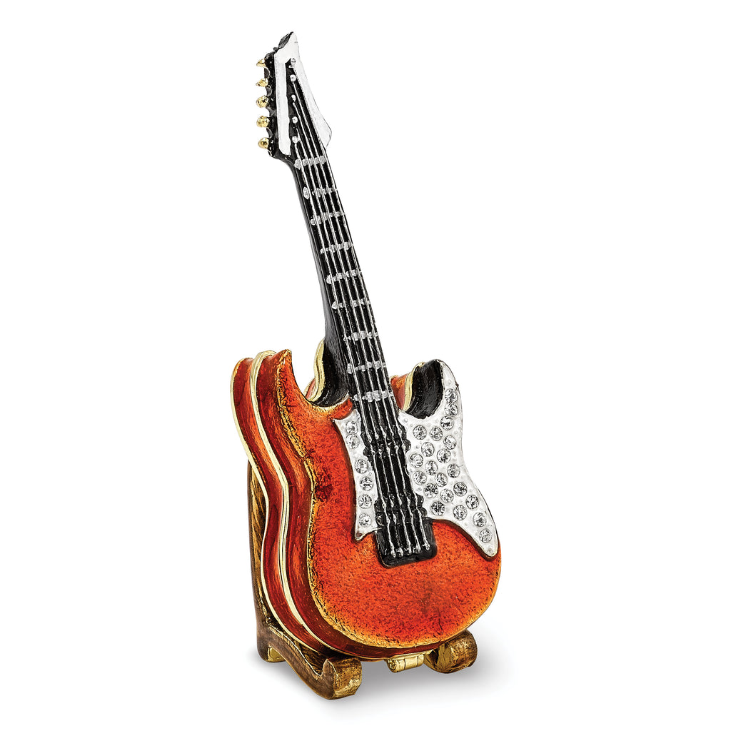 Luxury Giftware by Jere Pewter Bejeweled Crystals Gold-tone Enameled STRUMMIN' TUNES Red Guitar Trinket Box with Matching 18 Inch Necklace