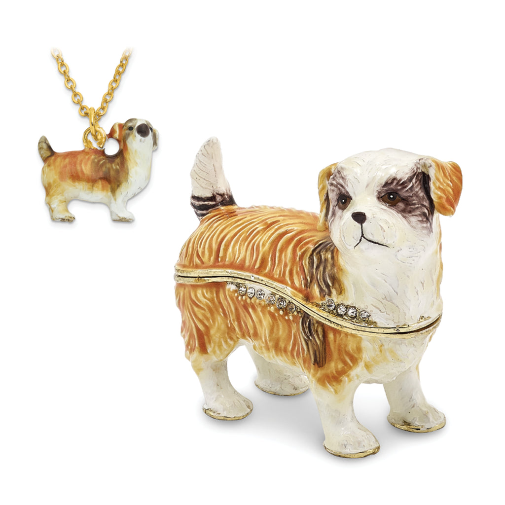 Luxury Giftware by Jere Pewter Bejeweled Crystals Gold-tone Enameled SALLY Shih Tzu Trinket Box with Matching 18 Inch Necklace