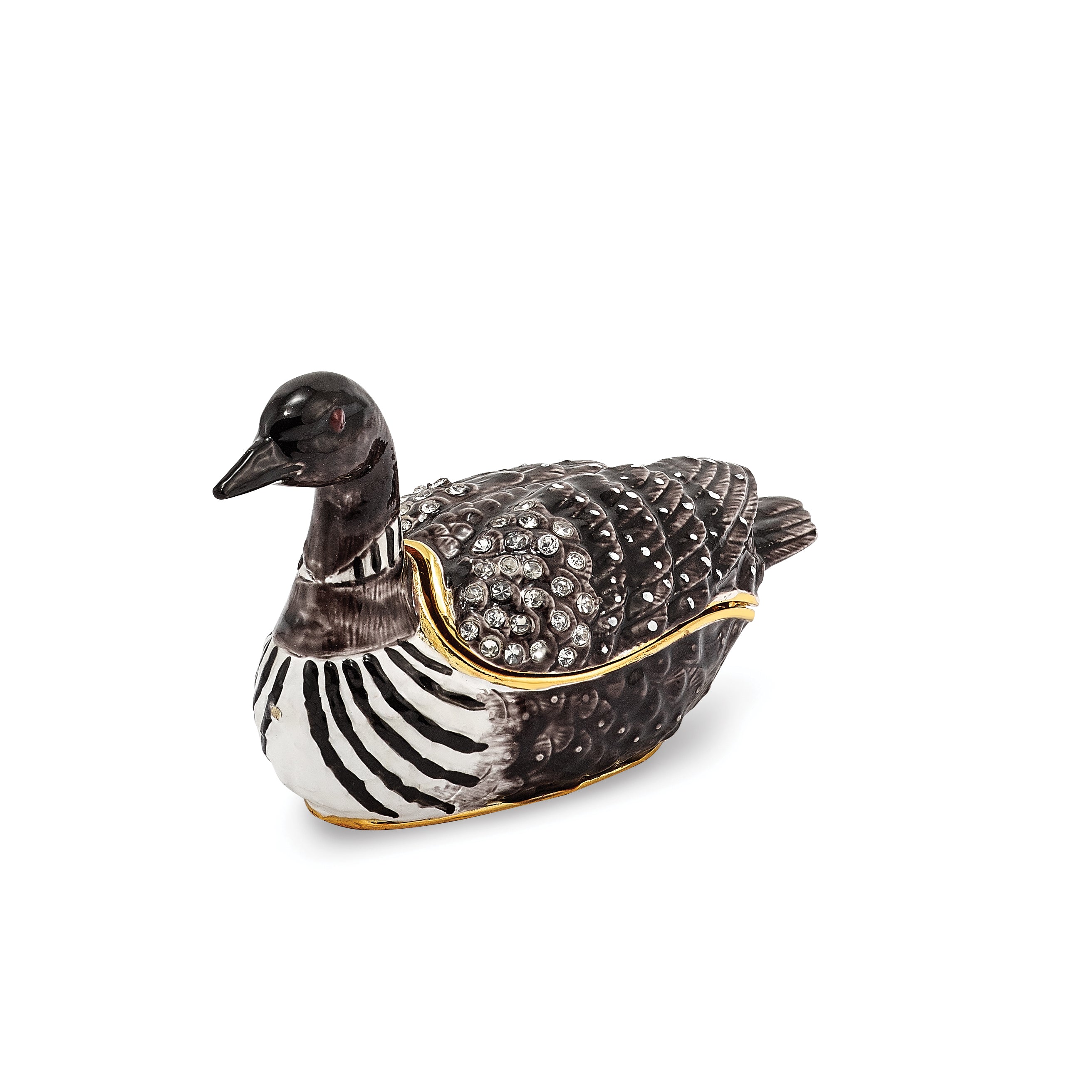 Luxury Giftware Pewter Bejeweled Crystals Gold-tone Enameled CARLO Loon Duck Trinket Box with Matching 18 Inch Necklace Main image