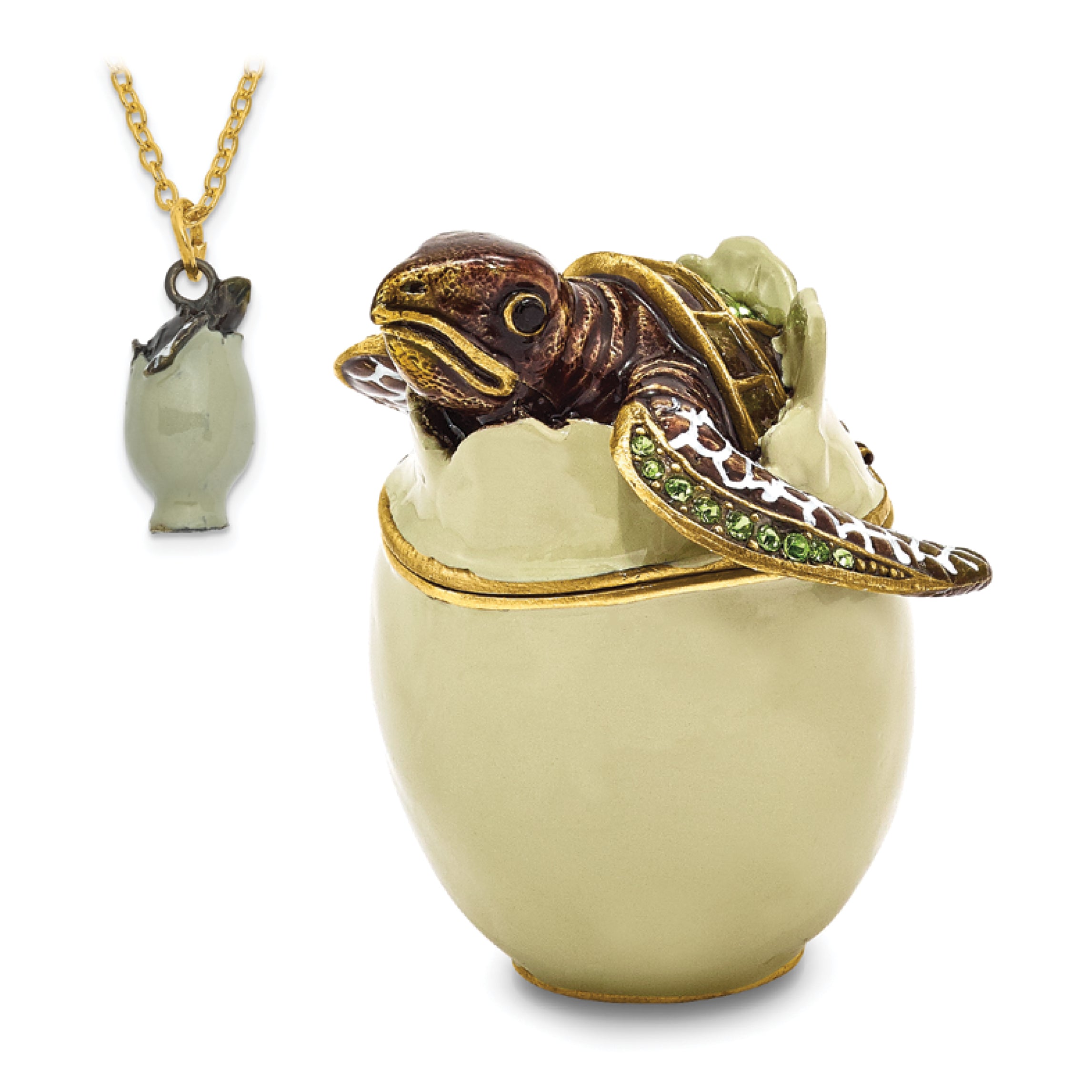 Luxury Giftware by Jere Pewter Bejeweled Crystals Gold-tone Enameled EGGBERT Turtle Hatchling Trinket Box with Matching 18 Inch Necklace