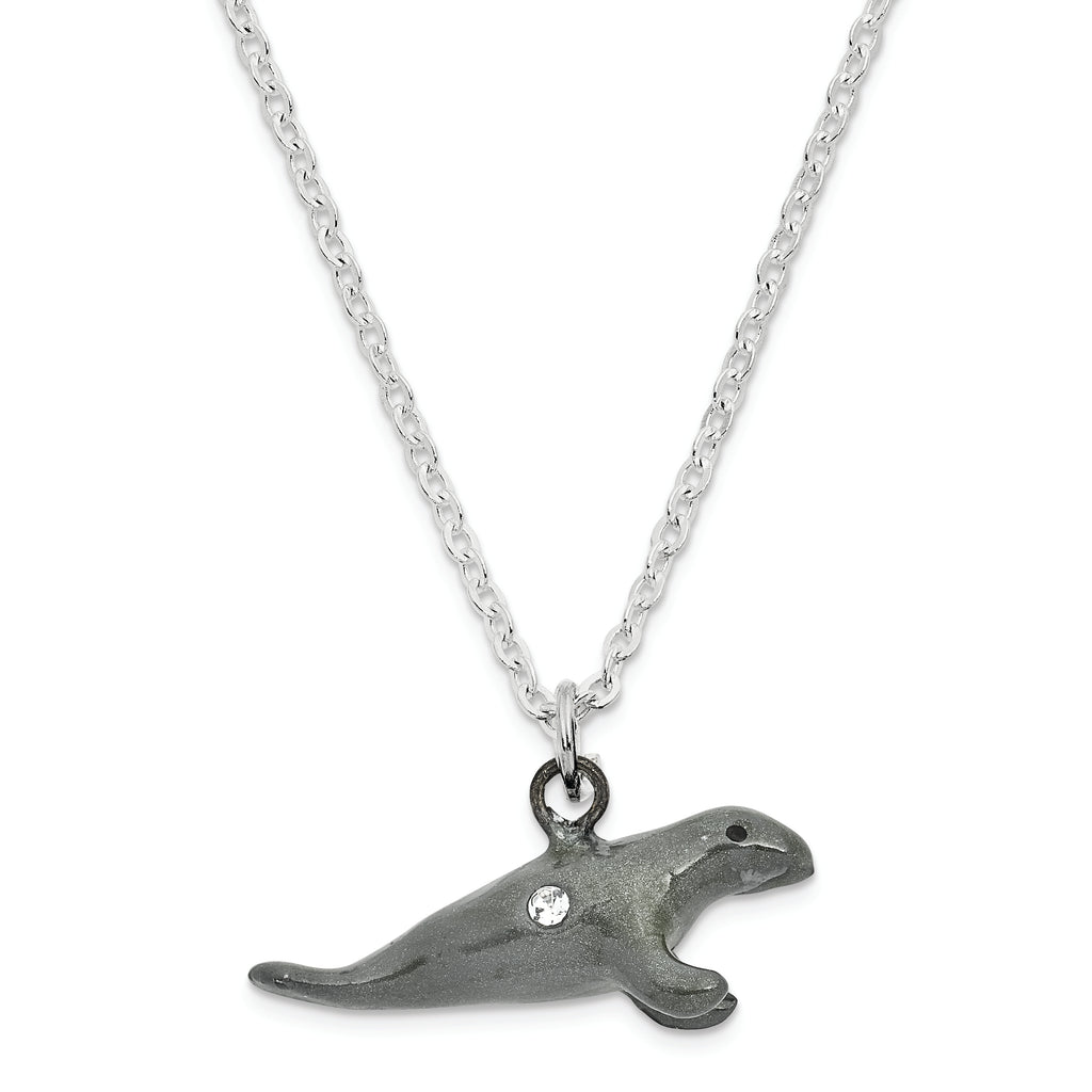 Luxury Giftware by Jere Pewter Bejeweled Crystals Pewter-tone Enameled MANNY Manatee With Seaweed Trinket Box with Matching 18 Inch Necklace