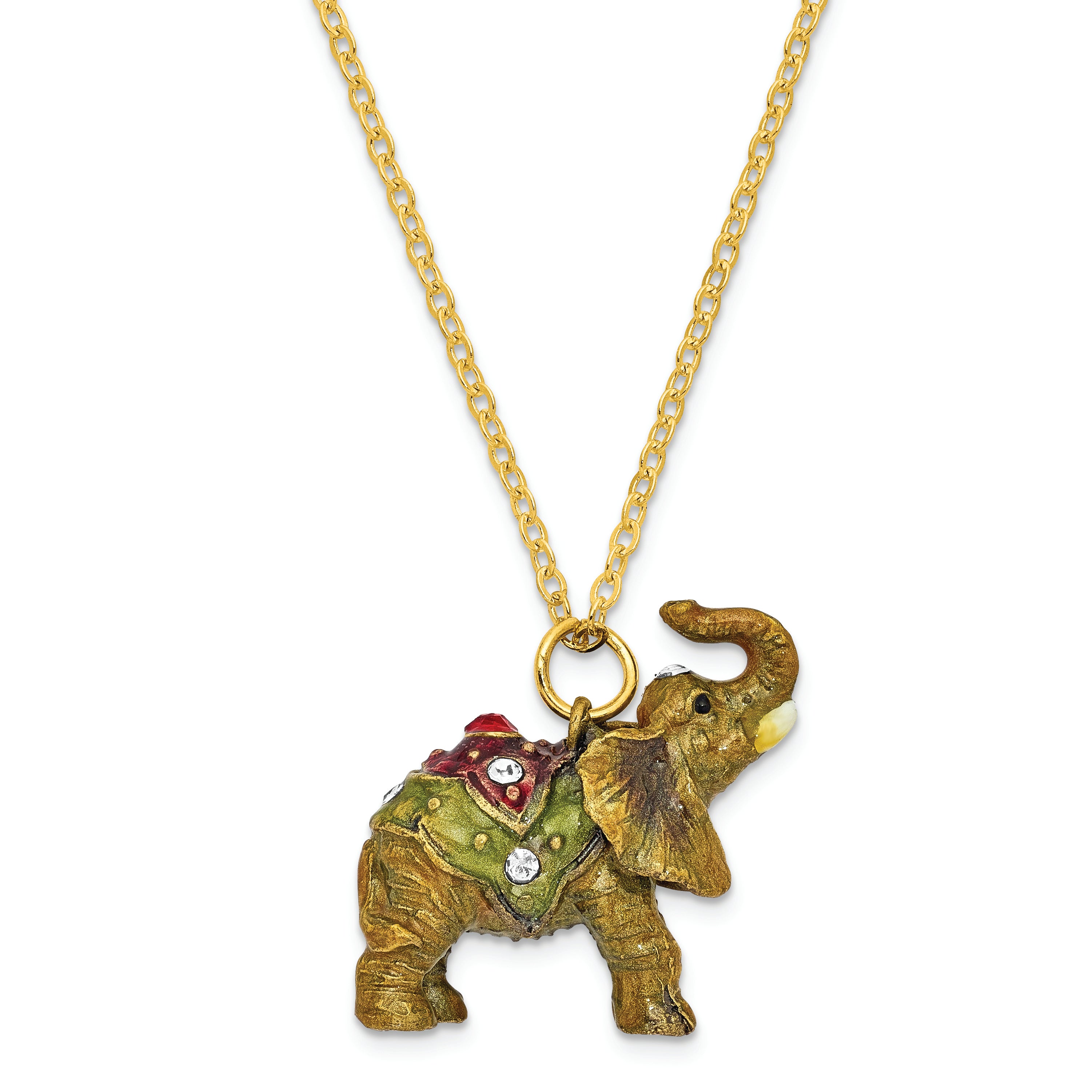 Luxury Giftware by Jere Pewter Bejeweled Crystals Gold-tone Enameled TALLIE Taj Mahal Elephant Trinket Box with Matching 18 Inch Necklace