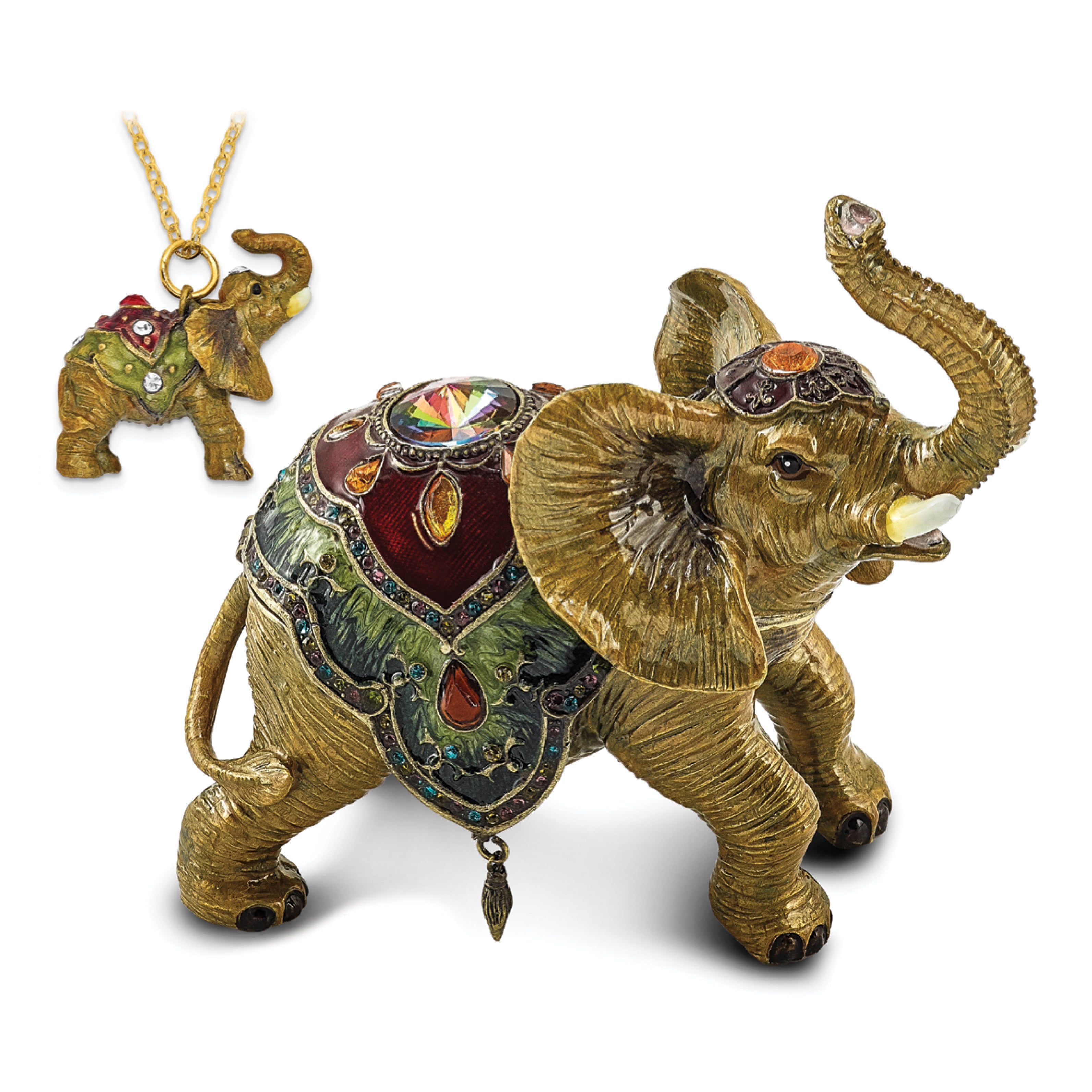 Luxury Giftware by Jere Pewter Bejeweled Crystals Gold-tone Enameled TALLIE Taj Mahal Elephant Trinket Box with Matching 18 Inch Necklace