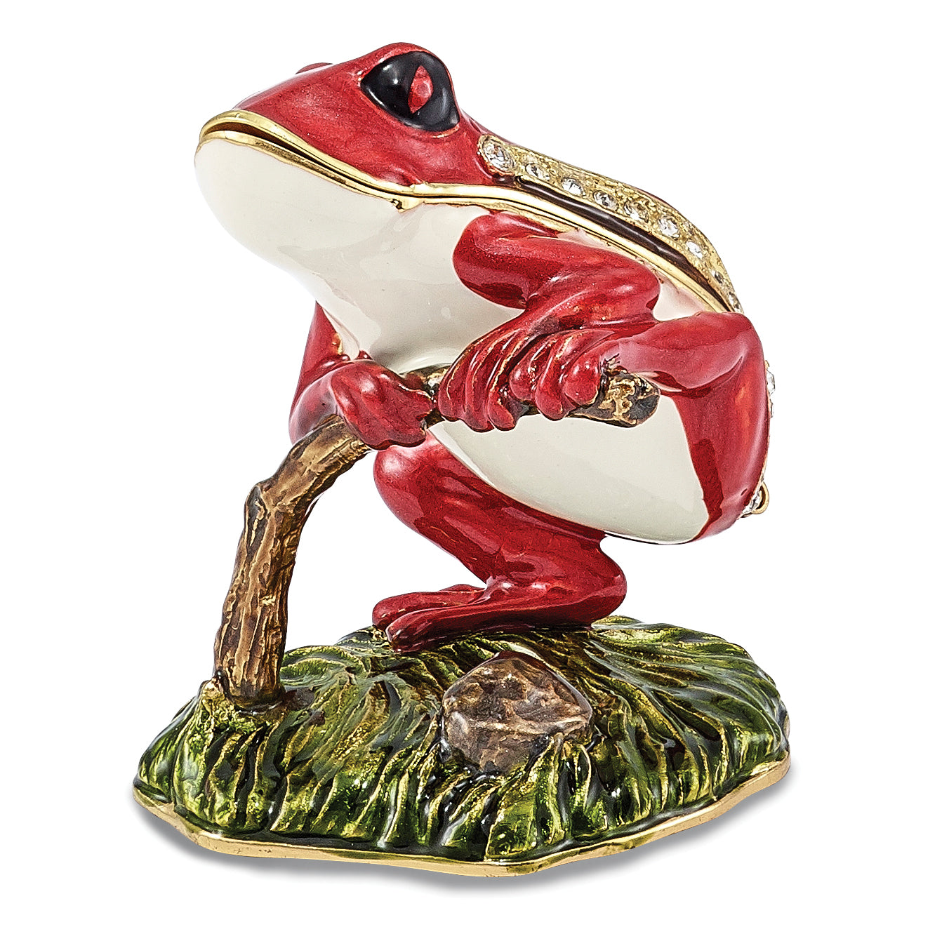 Luxury Giftware Pewter Bejeweled Crystals Gold-tone Enameled RASCAL Red Frog on Branch Trinket Box with Matching 18 Inch Necklace Main image