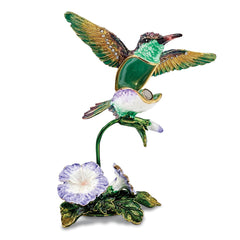 Luxury Giftware by Jere Pewter Bejeweled Crystals Gold-tone Enameled HUEY Hummingbird & Petunia Trinket Box with Matching 18 Inch Necklace