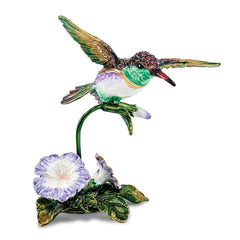 Luxury Giftware by Jere Pewter Bejeweled Crystals Gold-tone Enameled HUEY Hummingbird & Petunia Trinket Box with Matching 18 Inch Necklace
