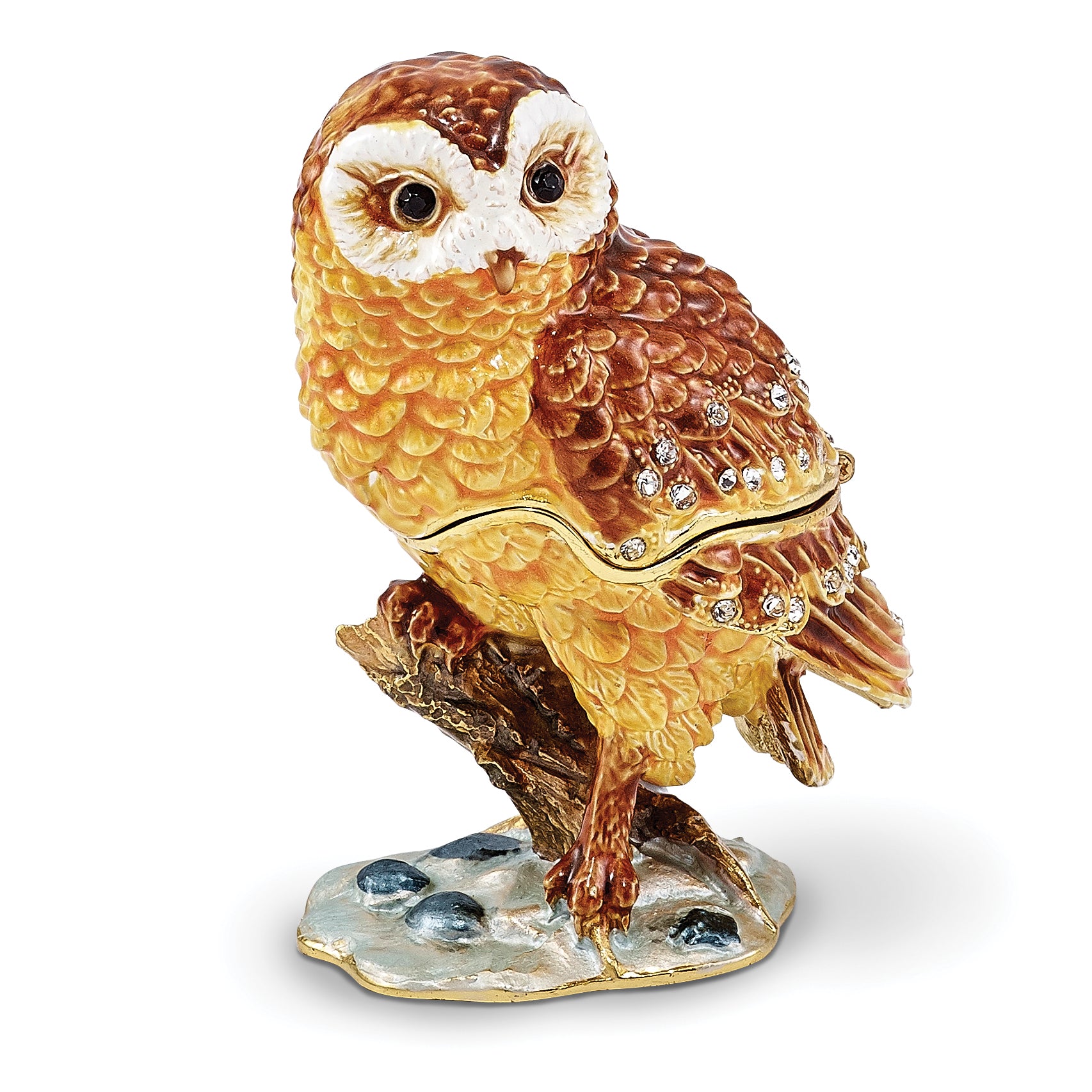 Luxury Giftware by Jere Pewter Bejeweled Crystals Gold-tone Enameled MR. WHOO Barn Owl Trinket Box with Matching 18 Inch Necklace