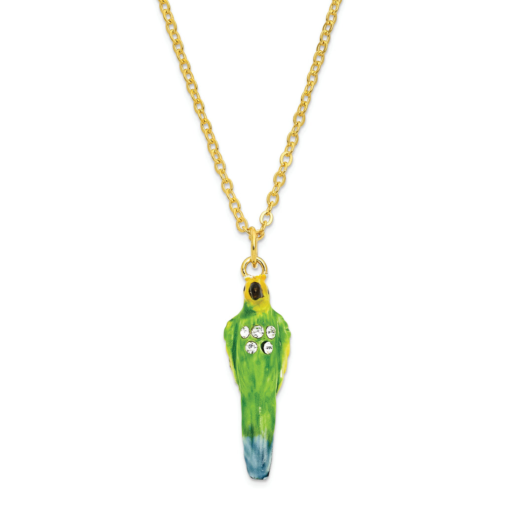 Luxury Giftware Pewter Bejeweled Crystals Gold-tone Enameled PACO Large Parakeet Parrot Trinket Box with Matching 18 Inch Necklace