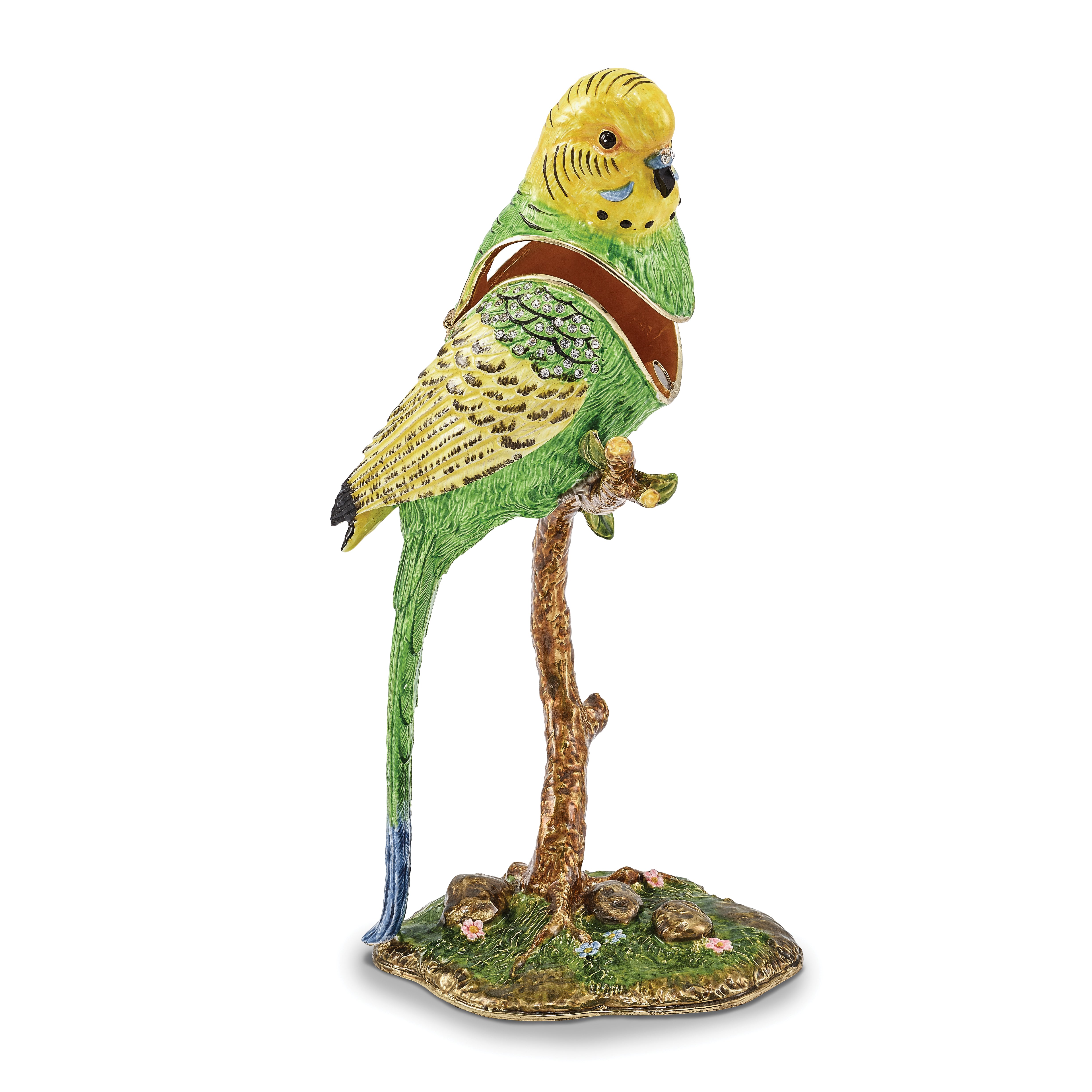 Luxury Giftware Pewter Bejeweled Crystals Gold-tone Enameled PACO Large Parakeet Parrot Trinket Box with Matching 18 Inch Necklace