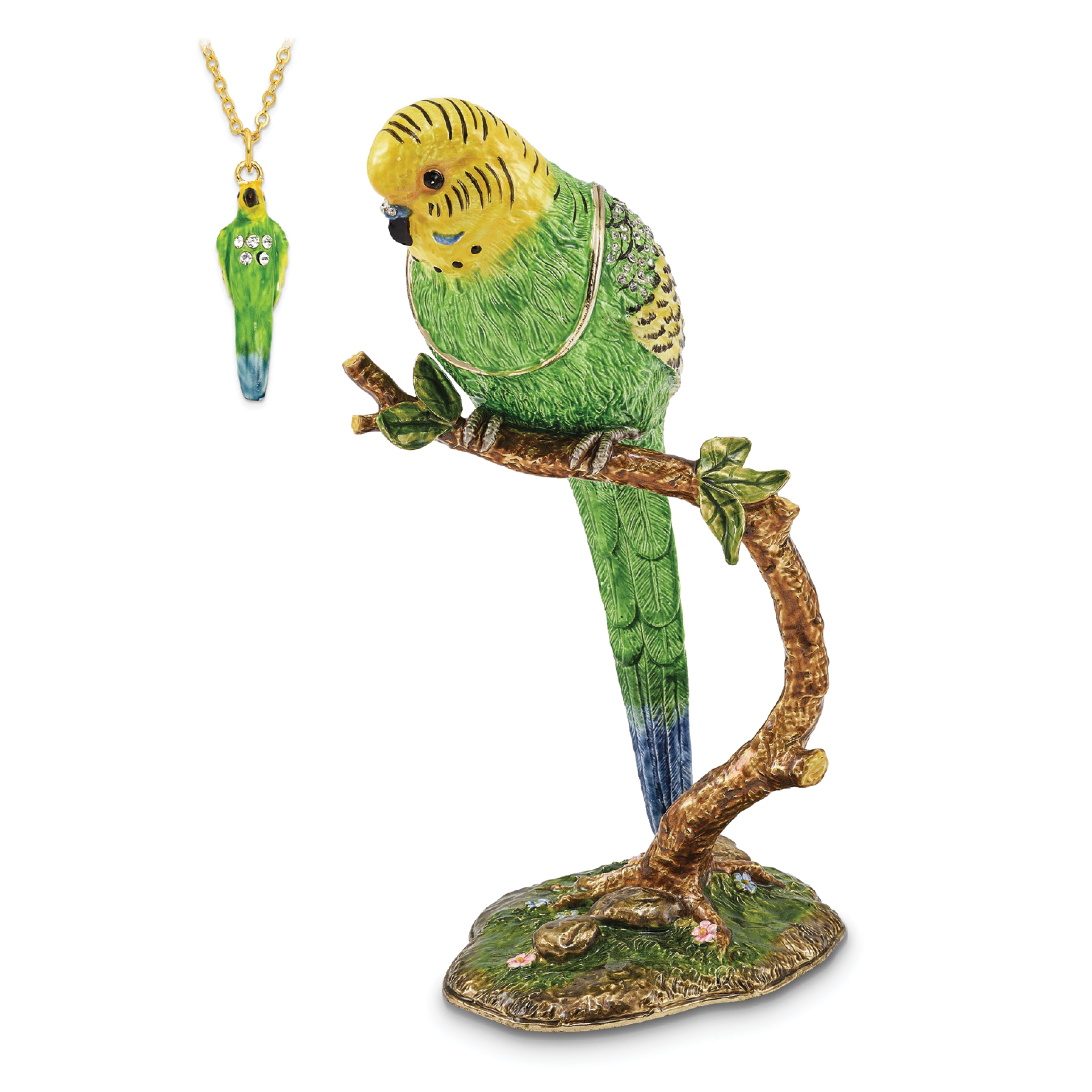 Luxury Giftware Pewter Bejeweled Crystals Gold-tone Enameled PACO Large Parakeet Parrot Trinket Box with Matching 18 Inch Necklace