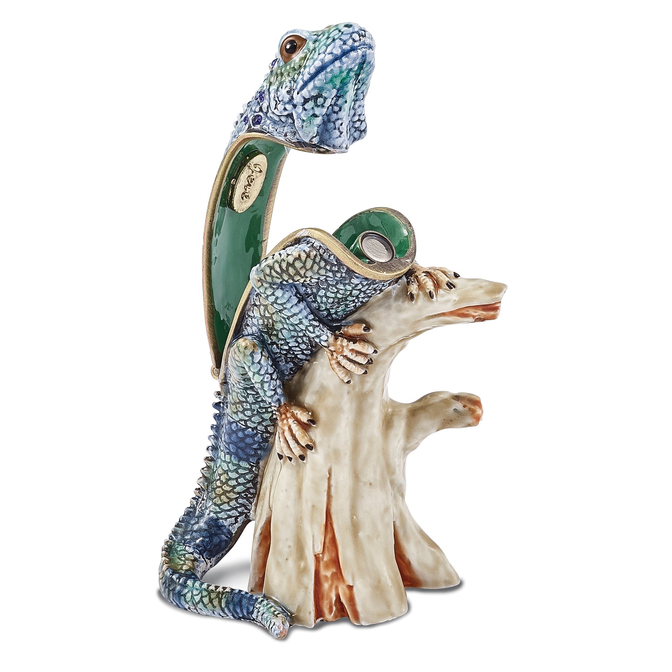 Luxury Giftware Pewter Bejeweled Crystals Gold-tone Enameled CAYMAN Blue Iguana on Branch Trinket Box with Matching 18 Inch Necklace Secondary image