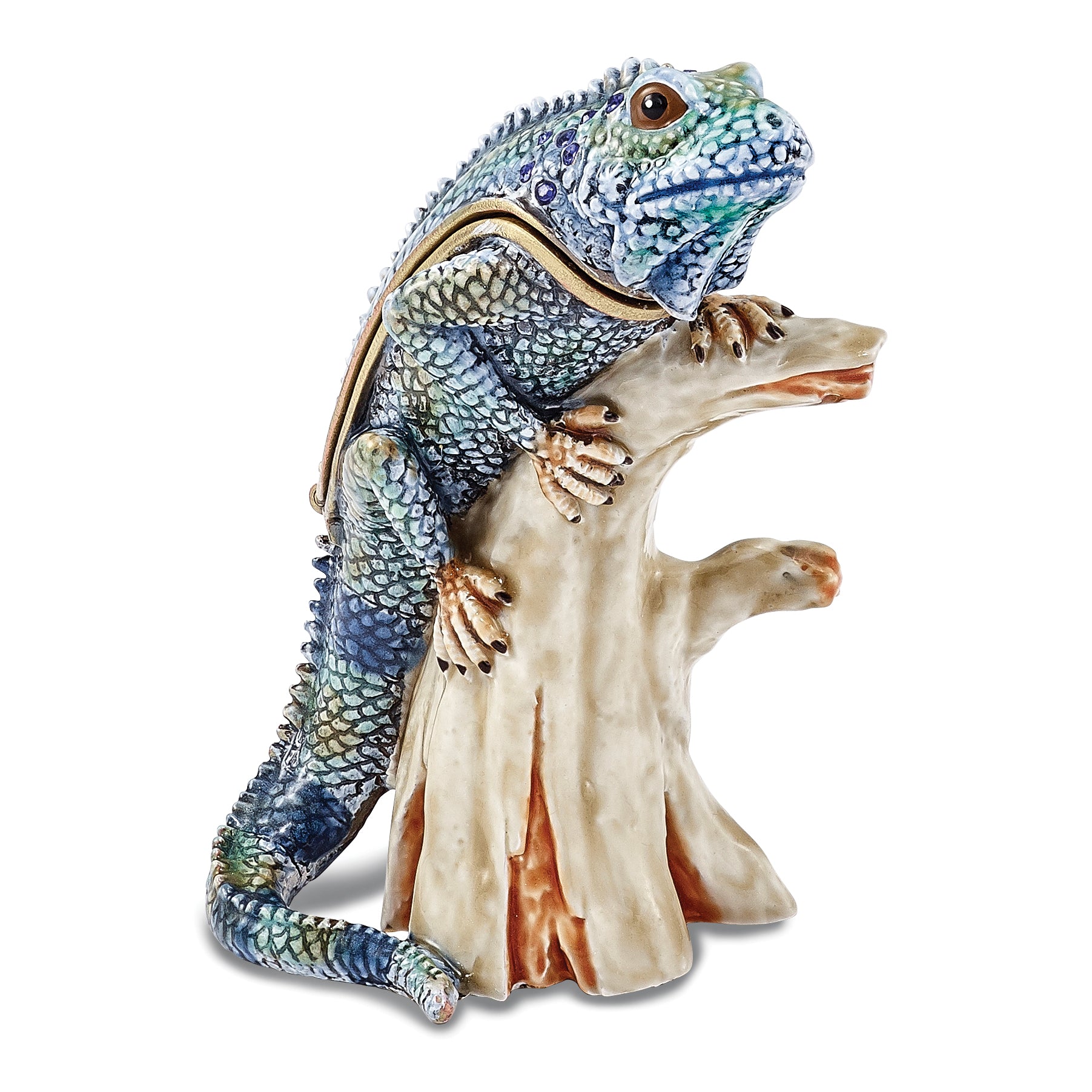 Luxury Giftware Pewter Bejeweled Crystals Gold-tone Enameled CAYMAN Blue Iguana on Branch Trinket Box with Matching 18 Inch Necklace Main image