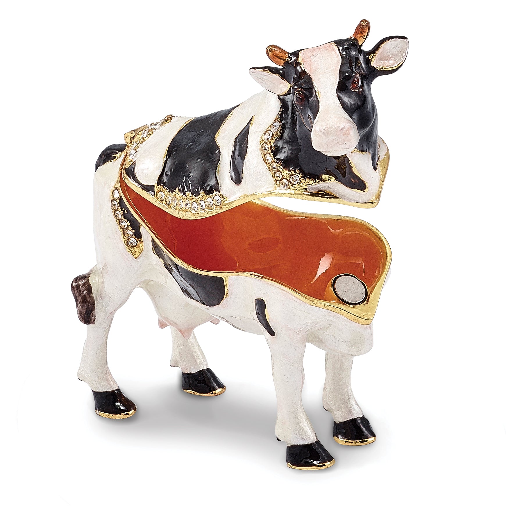 Luxury Giftware Pewter Bejeweled Crystals Gold-tone Enameled BESSIE Holstein Cow Trinket Box with Matching 18 Inch Necklace Secondary image