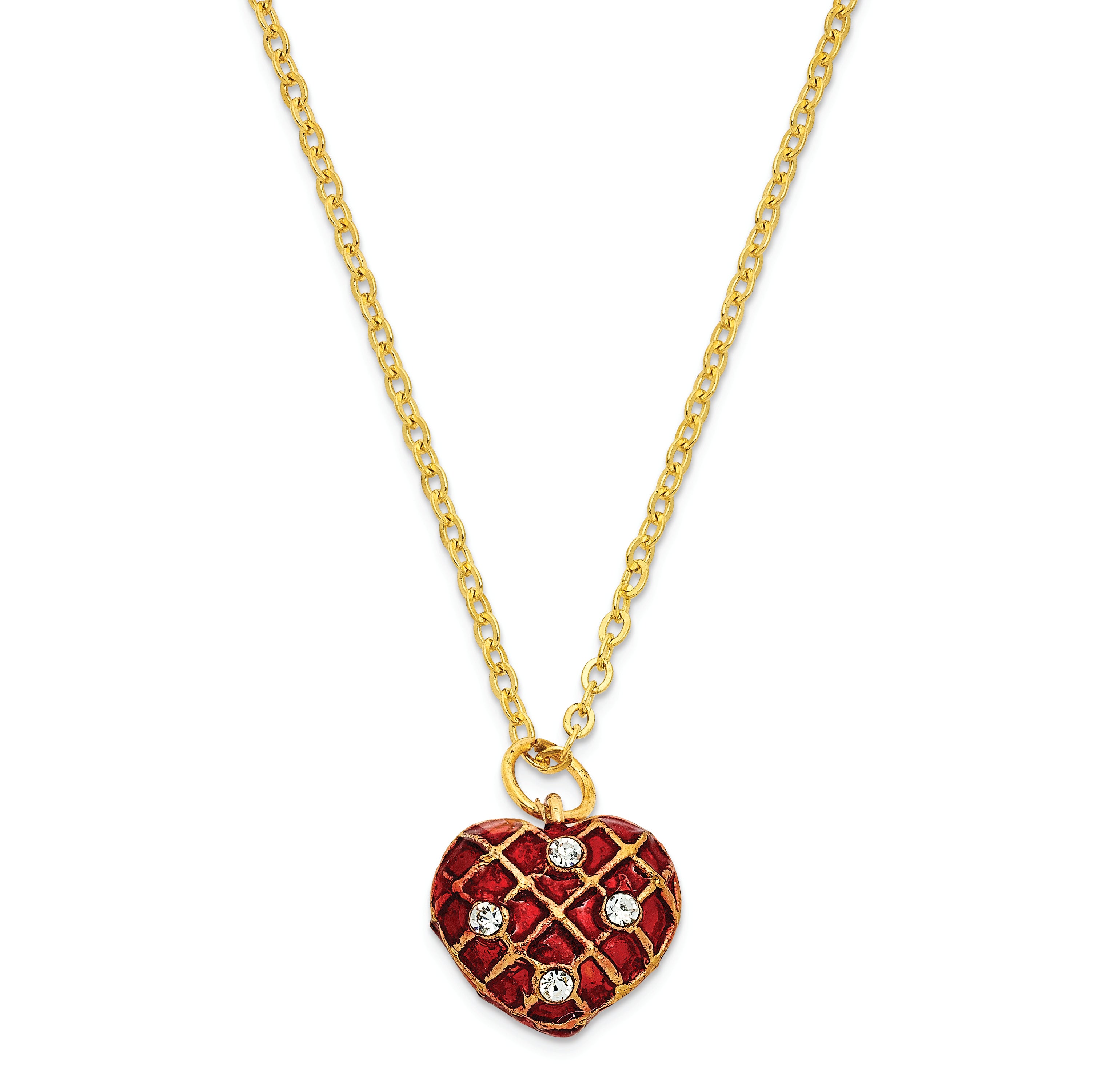 Luxury Giftware by Jere Pewter Bejeweled Crystals Gold-tone Enameled SCARLET HEART Carriage With Ring Pad Trinket Box with Matching 18 Inch Necklace