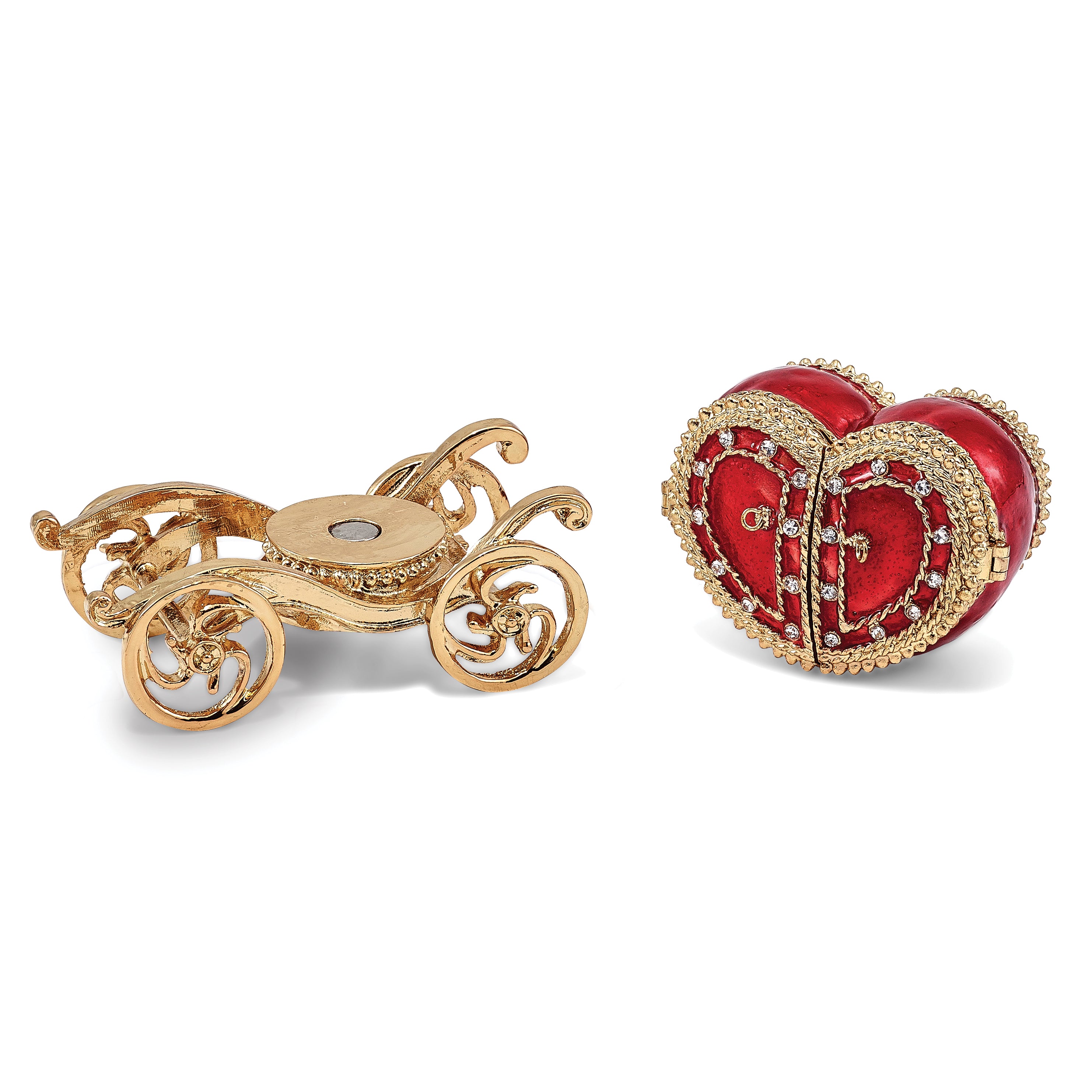 Luxury Giftware by Jere Pewter Bejeweled Crystals Gold-tone Enameled SCARLET HEART Carriage With Ring Pad Trinket Box with Matching 18 Inch Necklace
