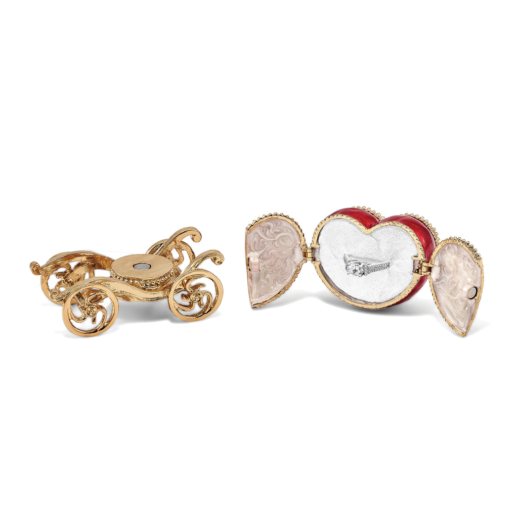Luxury Giftware by Jere Pewter Bejeweled Crystals Gold-tone Enameled SCARLET HEART Carriage With Ring Pad Trinket Box with Matching 18 Inch Necklace