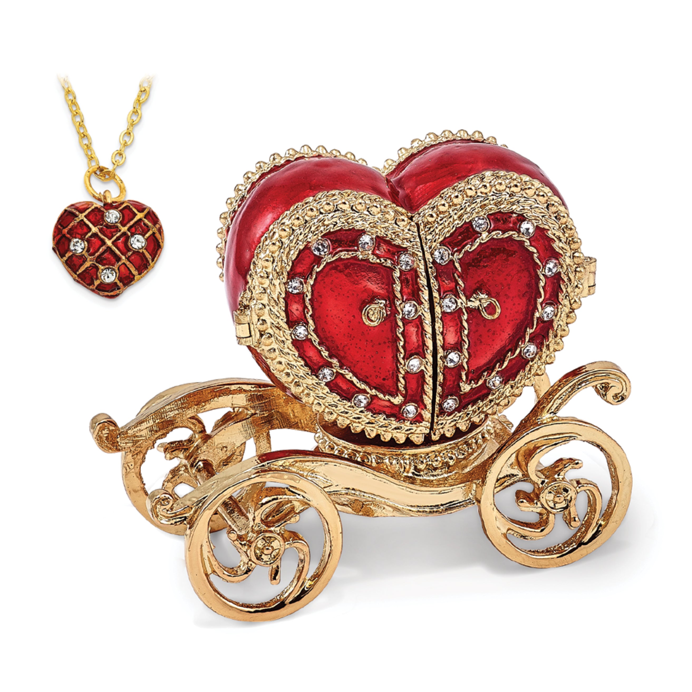 Luxury Giftware by Jere Pewter Bejeweled Crystals Gold-tone Enameled SCARLET HEART Carriage With Ring Pad Trinket Box with Matching 18 Inch Necklace