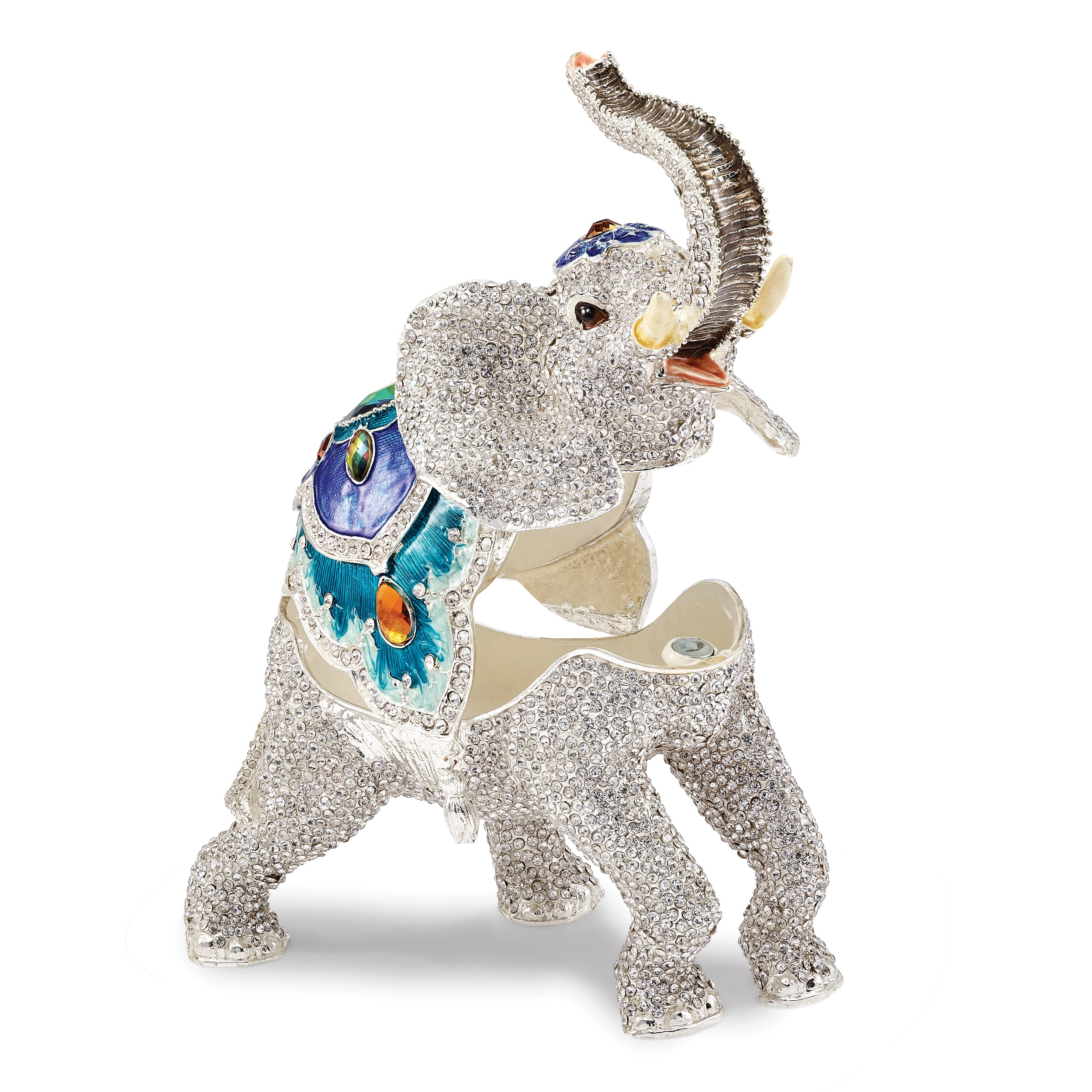 Luxury Giftware Pewter Bejeweled Crystals Gold-tone Enameled BAKUL Full Crystal White Elephant Trinket Box with Matching 18 Inch Necklace