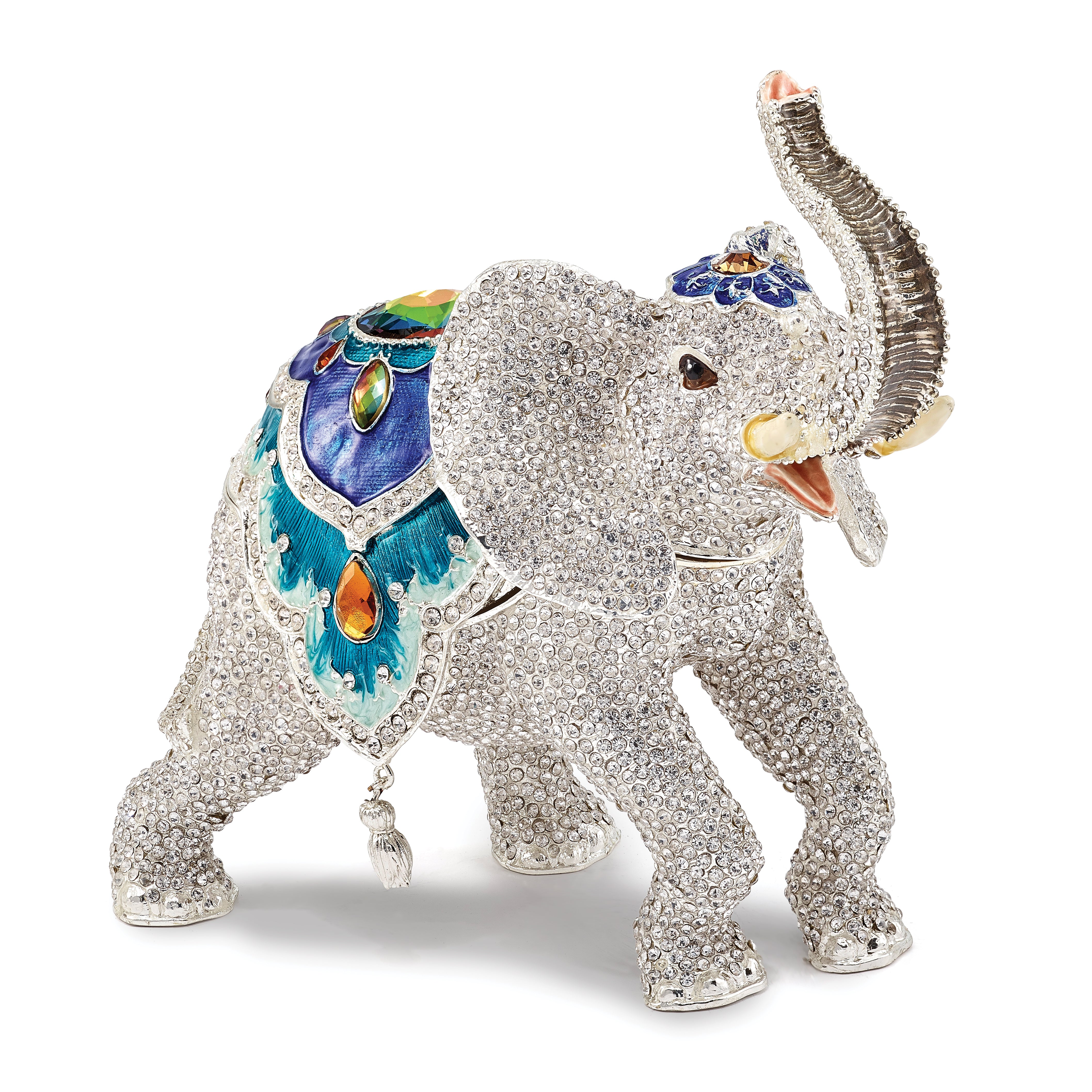 Luxury Giftware Pewter Bejeweled Crystals Gold-tone Enameled BAKUL Full Crystal White Elephant Trinket Box with Matching 18 Inch Necklace