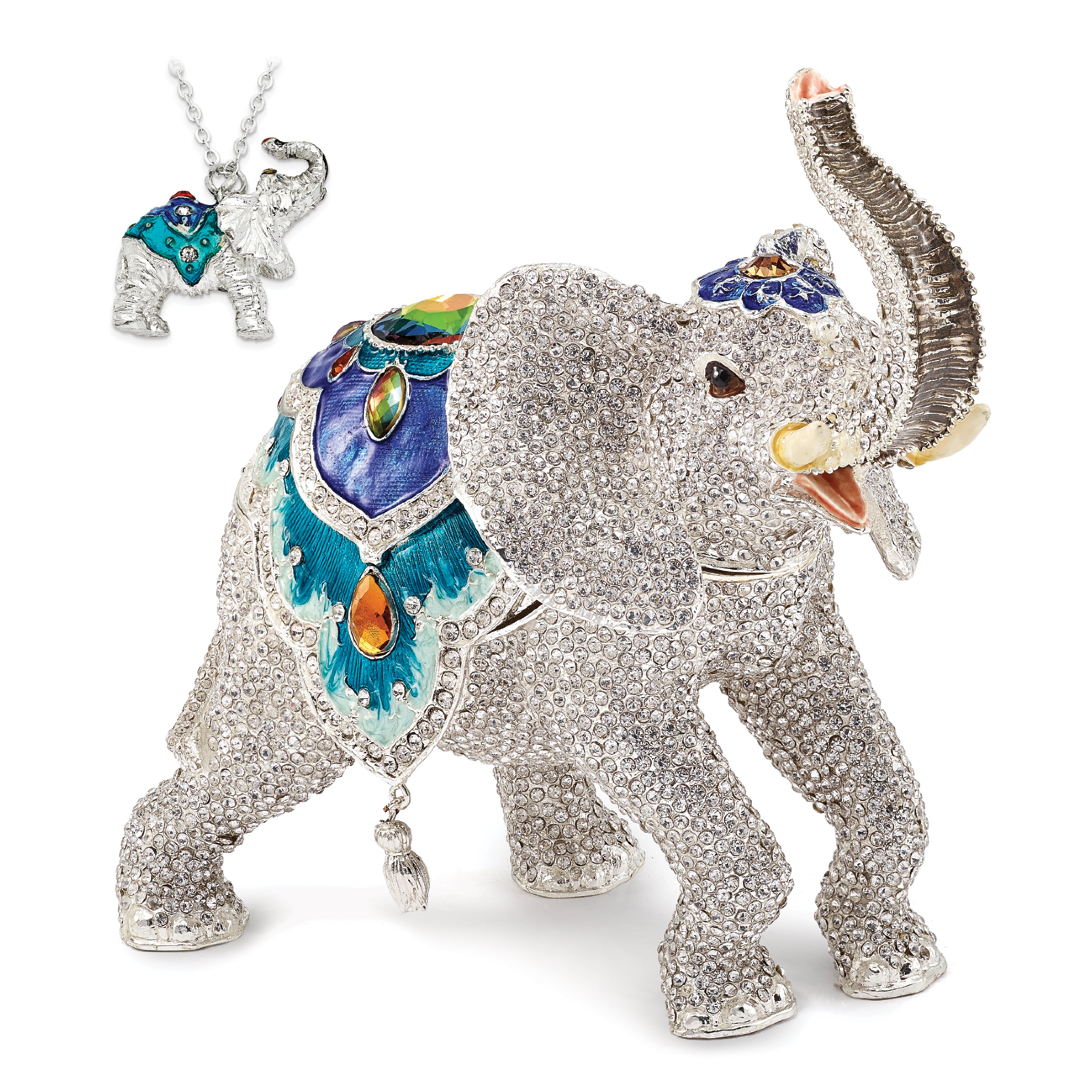 Luxury Giftware Pewter Bejeweled Crystals Gold-tone Enameled BAKUL Full Crystal White Elephant Trinket Box with Matching 18 Inch Necklace