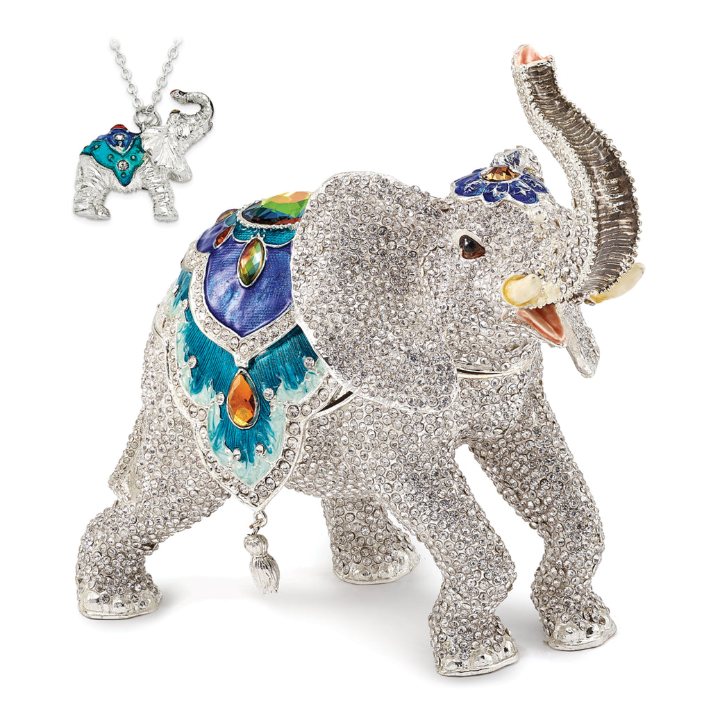 Luxury Giftware Pewter Bejeweled Crystals Gold-tone Enameled BAKUL Full Crystal White Elephant Trinket Box with Matching 18 Inch Necklace