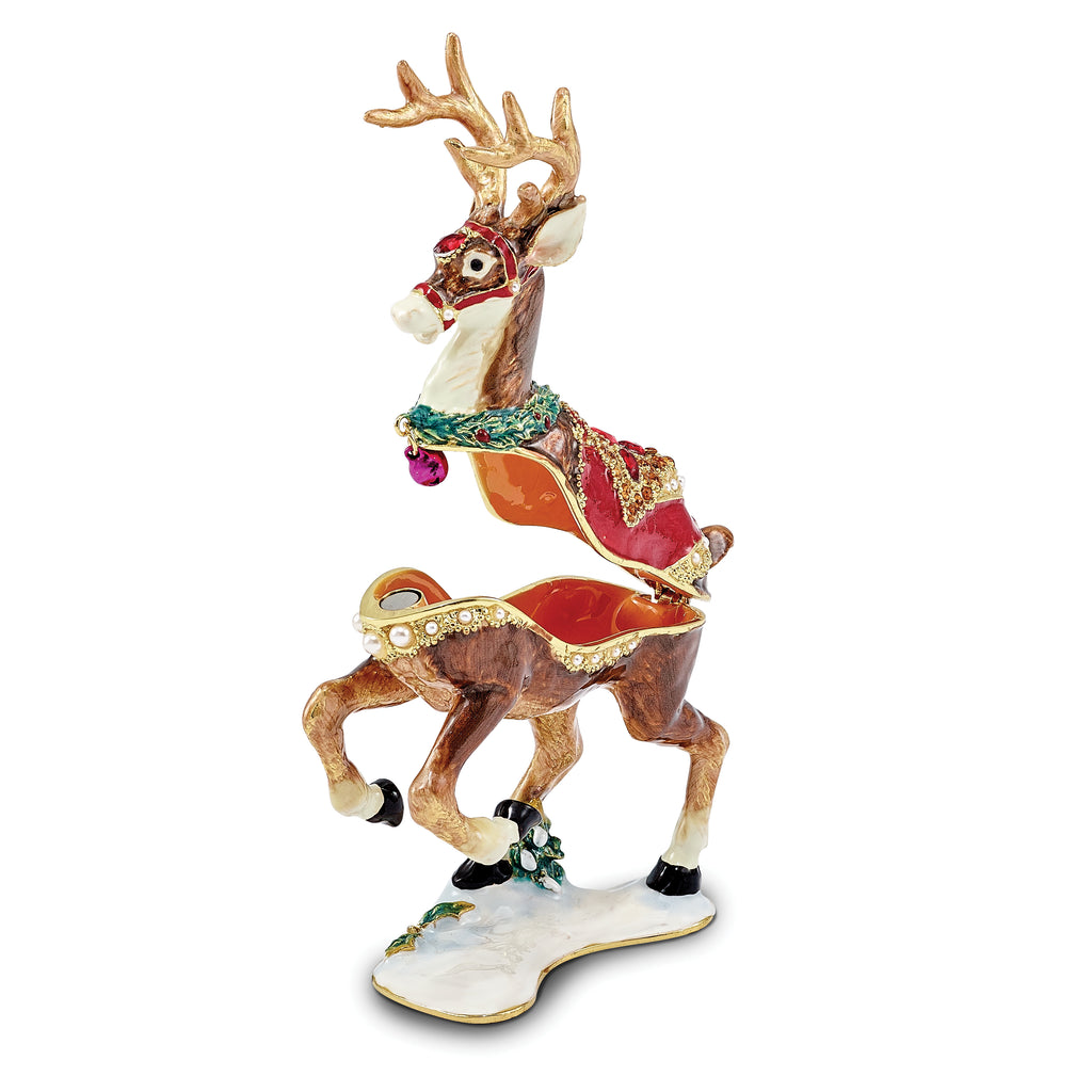 Luxury Giftware by Jere Pewter Bejeweled Crystals Gold-tone Enameled RUFUS Reindeer Trinket Box with Matching 18 Inch Necklace