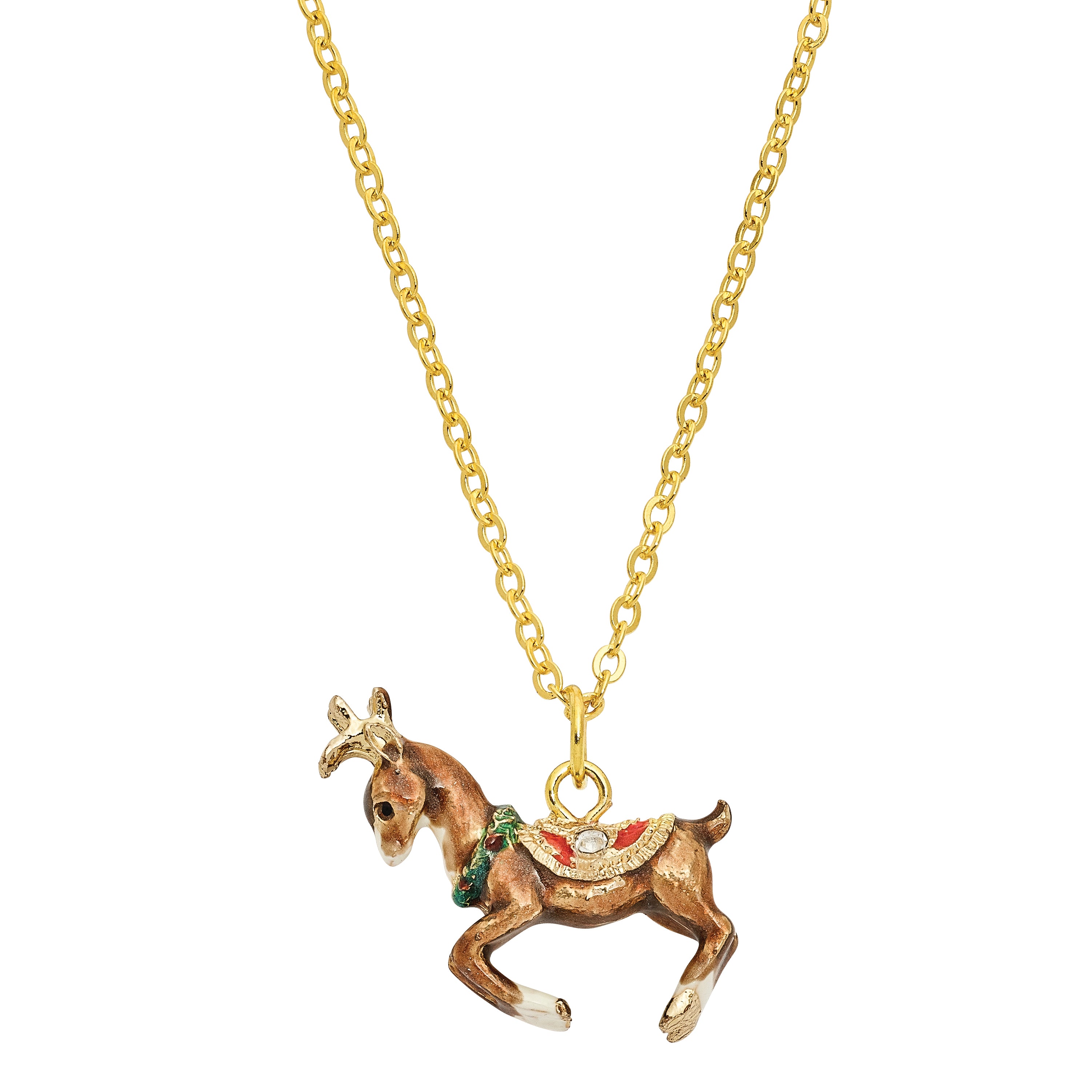 Luxury Giftware by Jere Pewter Bejeweled Crystals Gold-tone Enameled RUFUS Reindeer Trinket Box with Matching 18 Inch Necklace