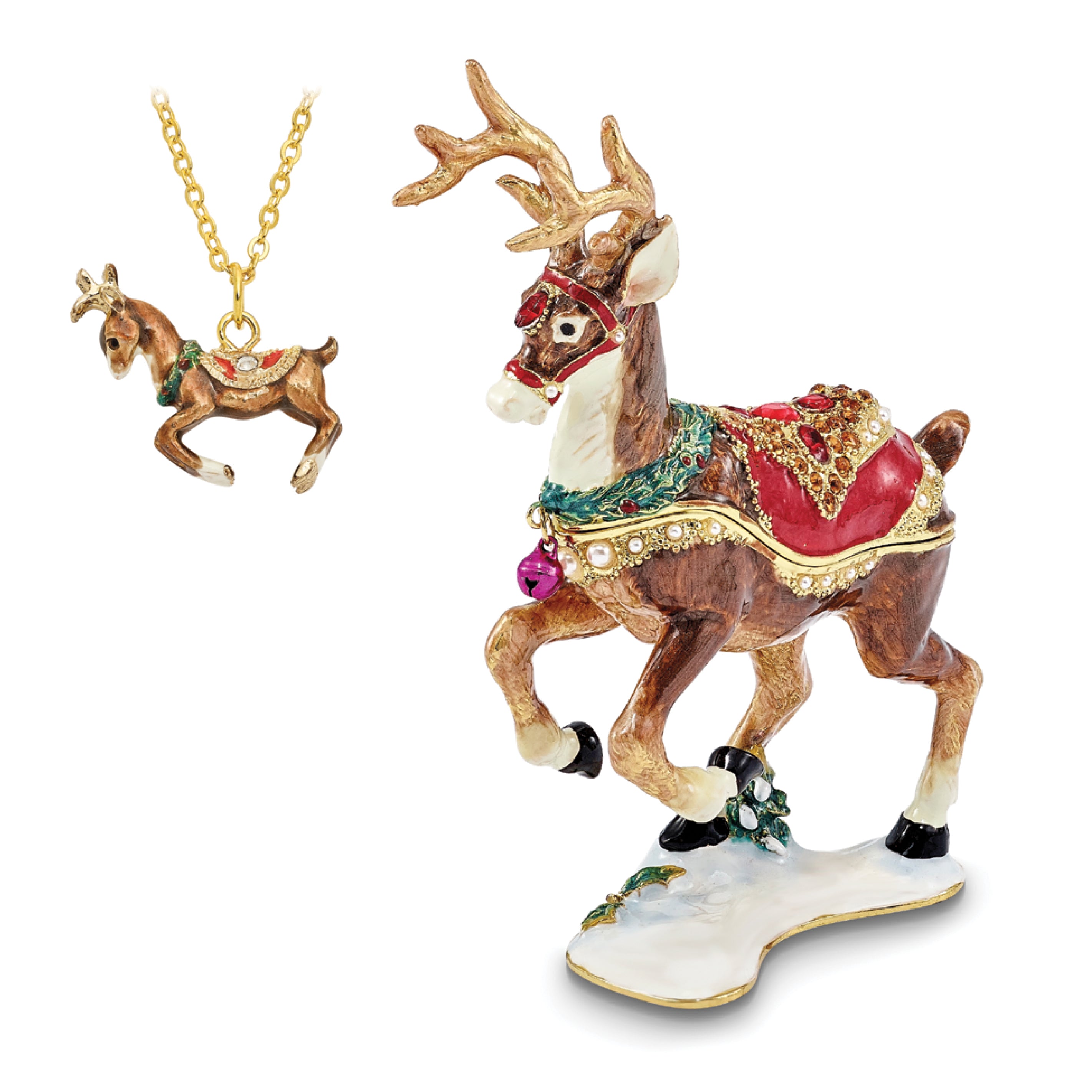 Luxury Giftware by Jere Pewter Bejeweled Crystals Gold-tone Enameled RUFUS Reindeer Trinket Box with Matching 18 Inch Necklace