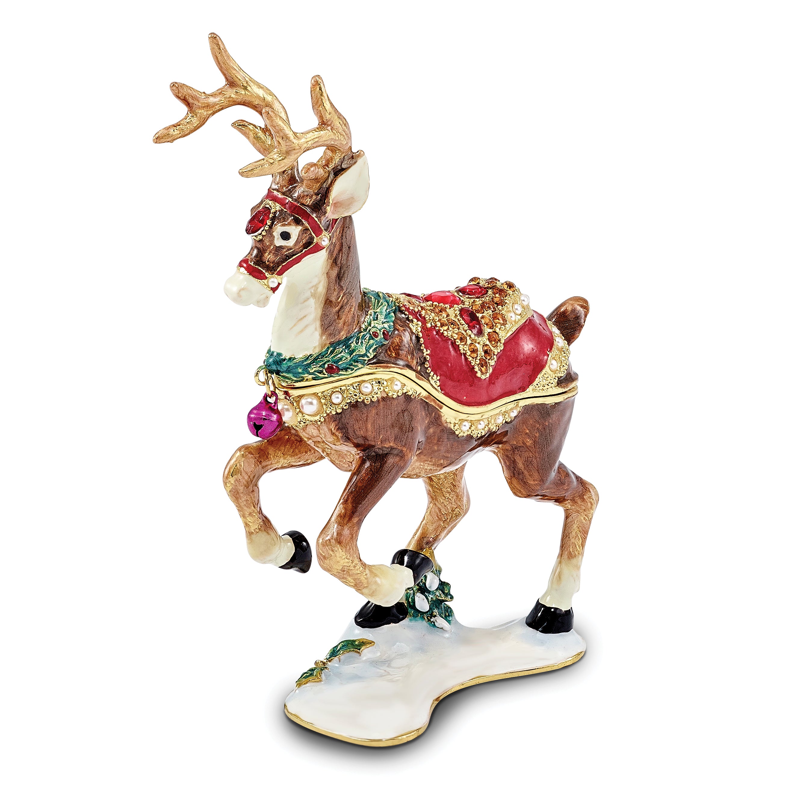 Luxury Giftware by Jere Pewter Bejeweled Crystals Gold-tone Enameled RUFUS Reindeer Trinket Box with Matching 18 Inch Necklace